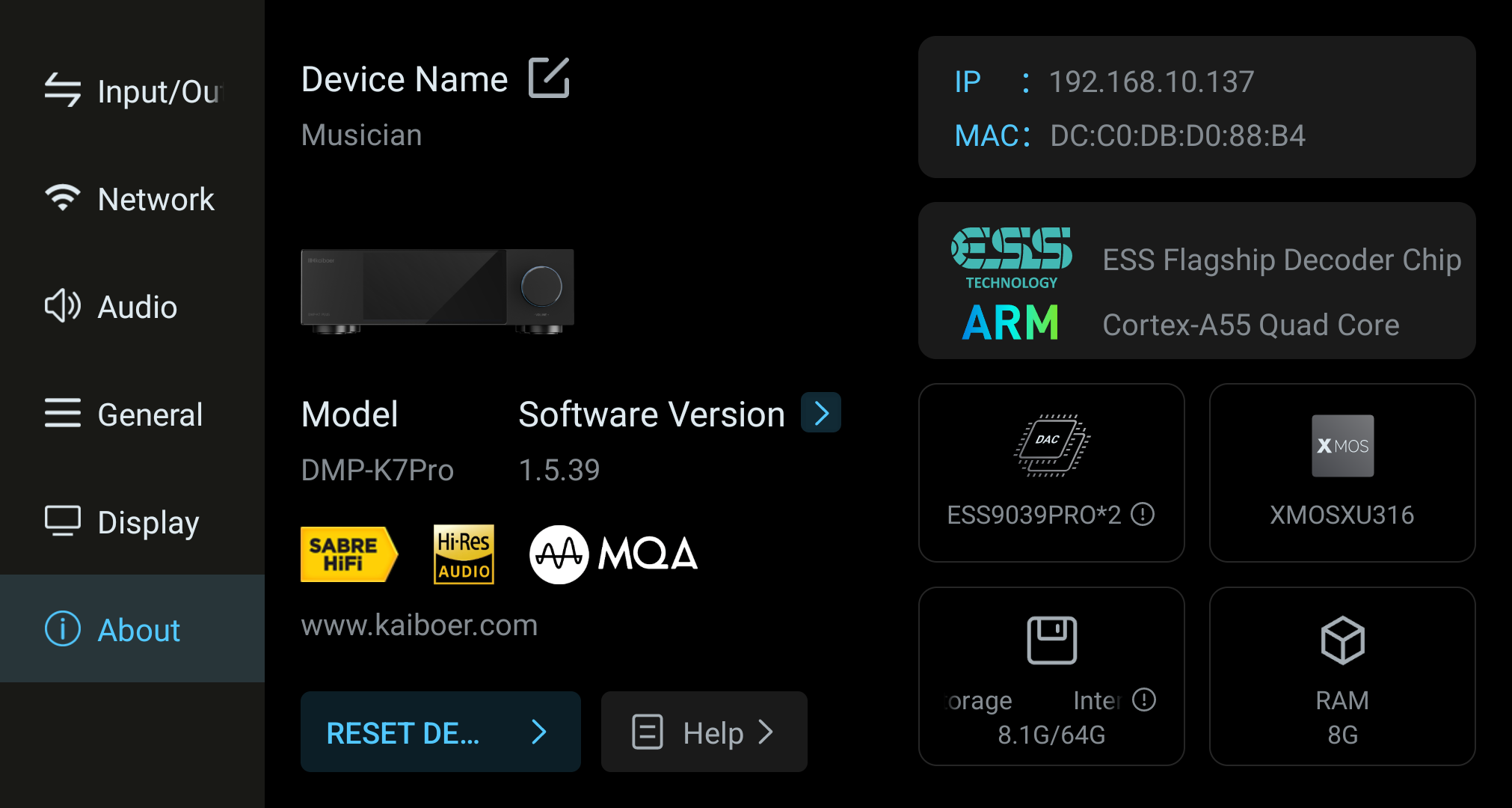About screen showing device information and hardware details.