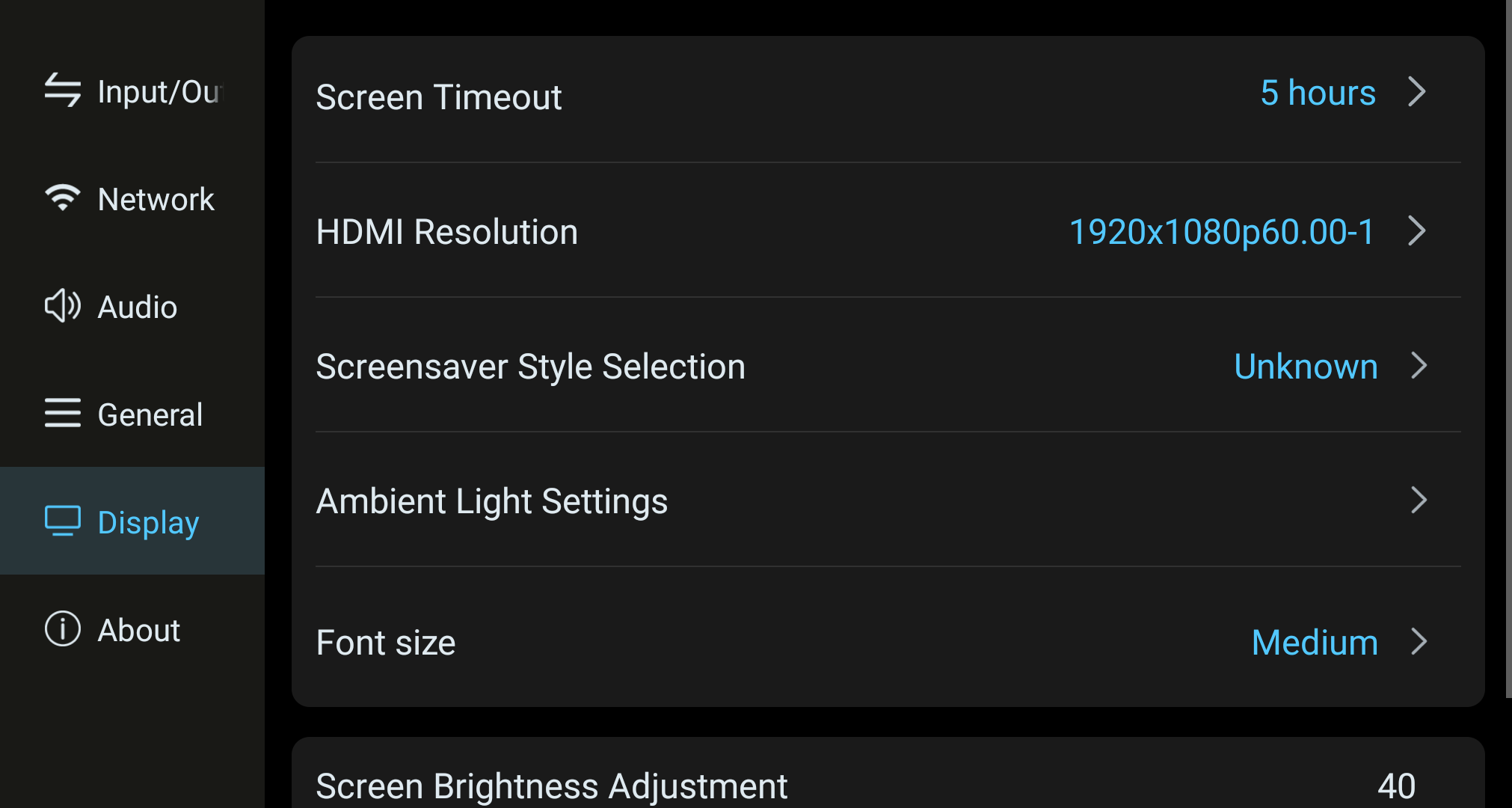 Display settings screen with screen timeout, HDMI resolution, screensaver, and font size.