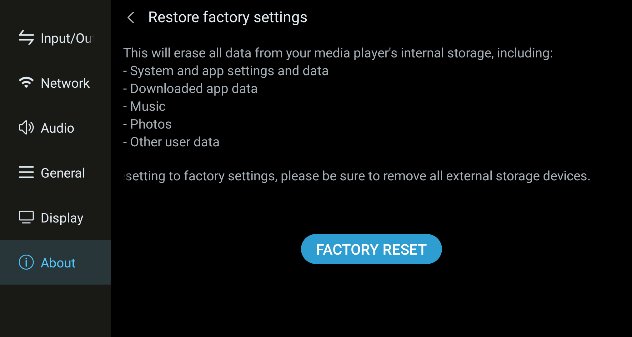 Factory-reset confirmation screen.