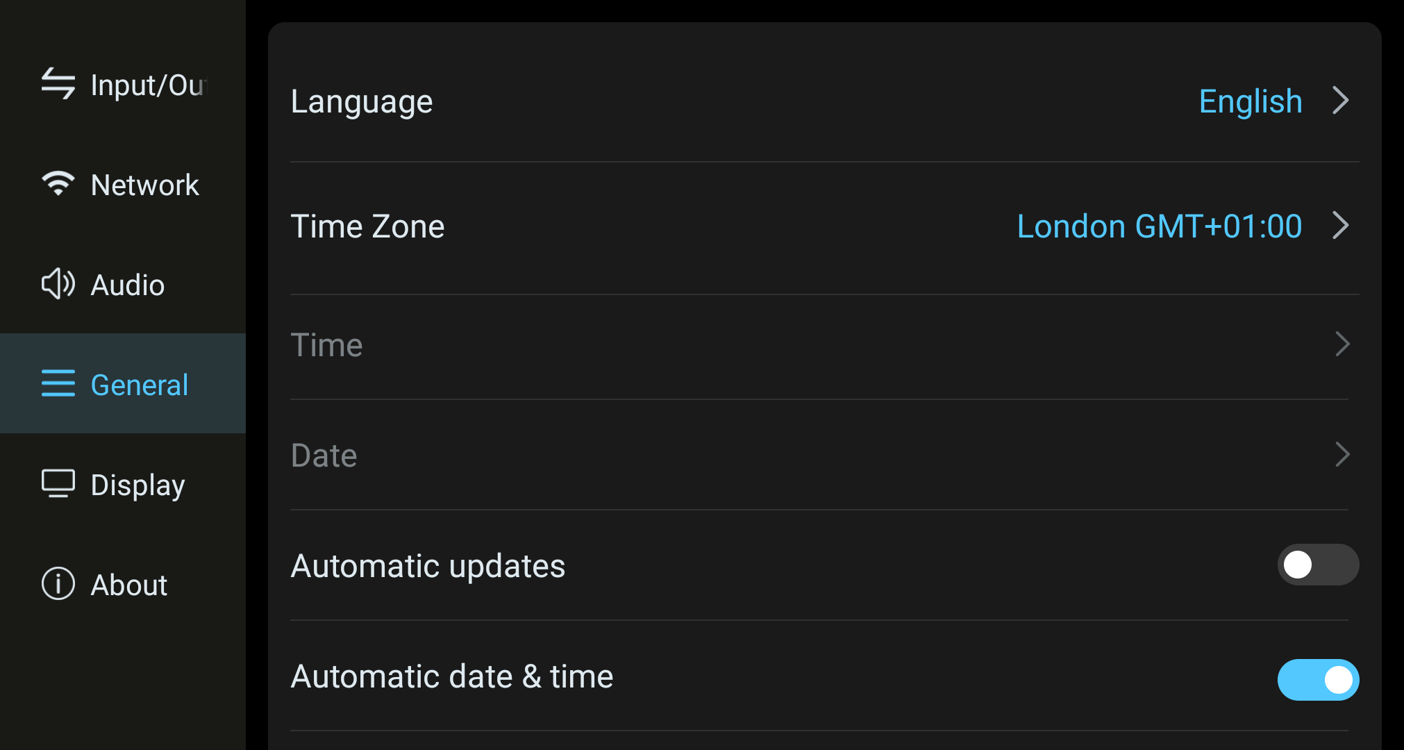 General settings screen showing language, time zone, and automatic date and time.
