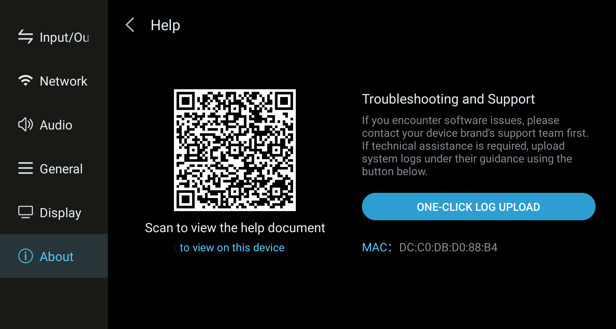 Help screen with a documentation QR code and support options.