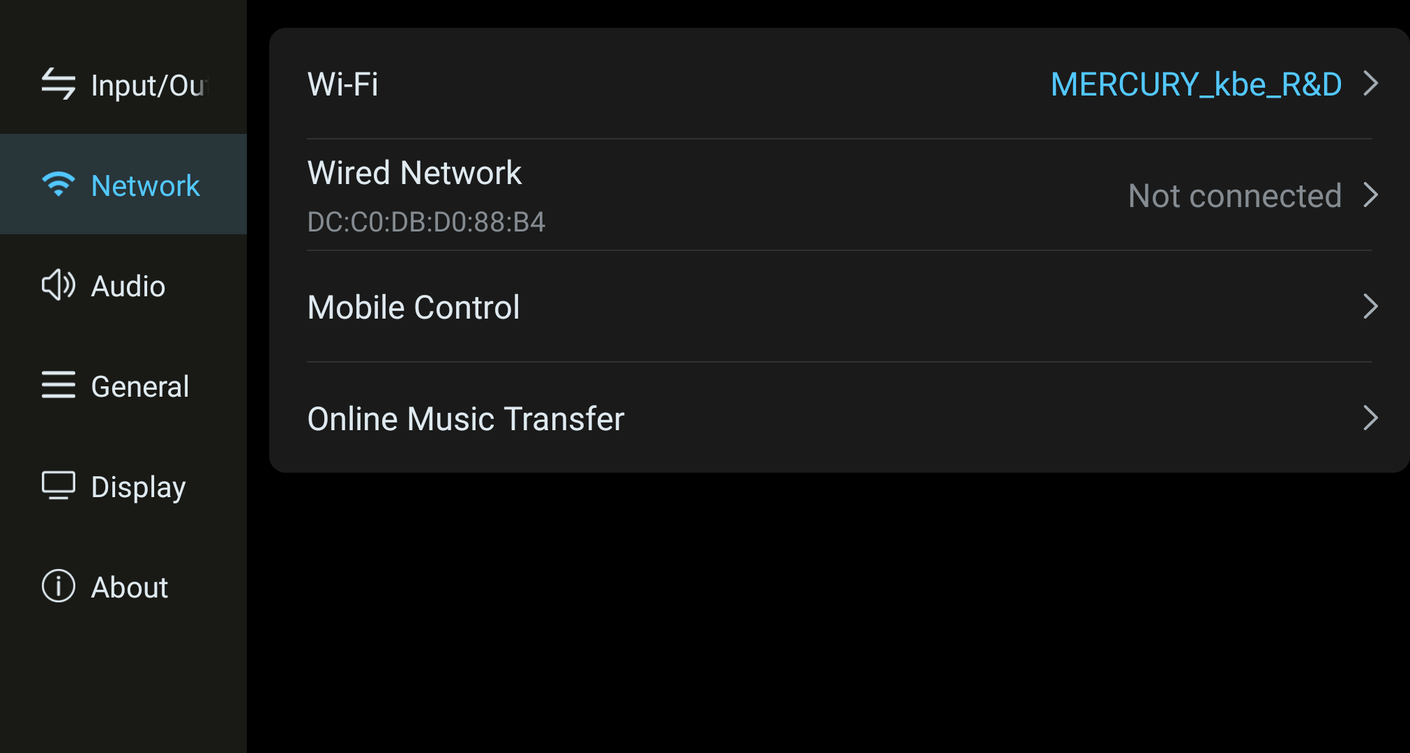 Network settings screen showing Wi-Fi, wired network, phone control, and transfer options.