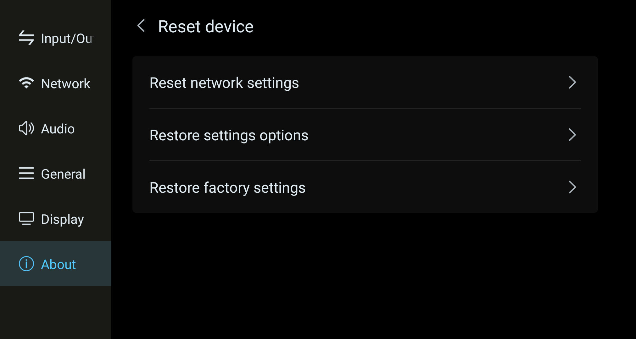 Reset device screen with reset-network, settings, and factory-reset options.