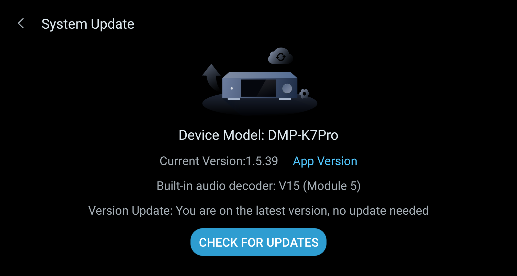 System Update screen showing the device version and Check for Updates button.