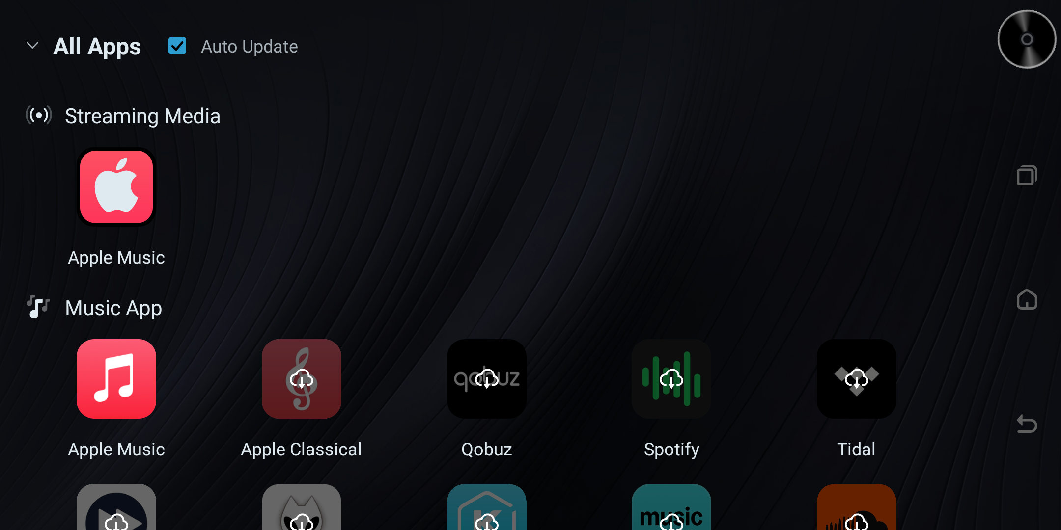 All Apps screen showing installed music apps.