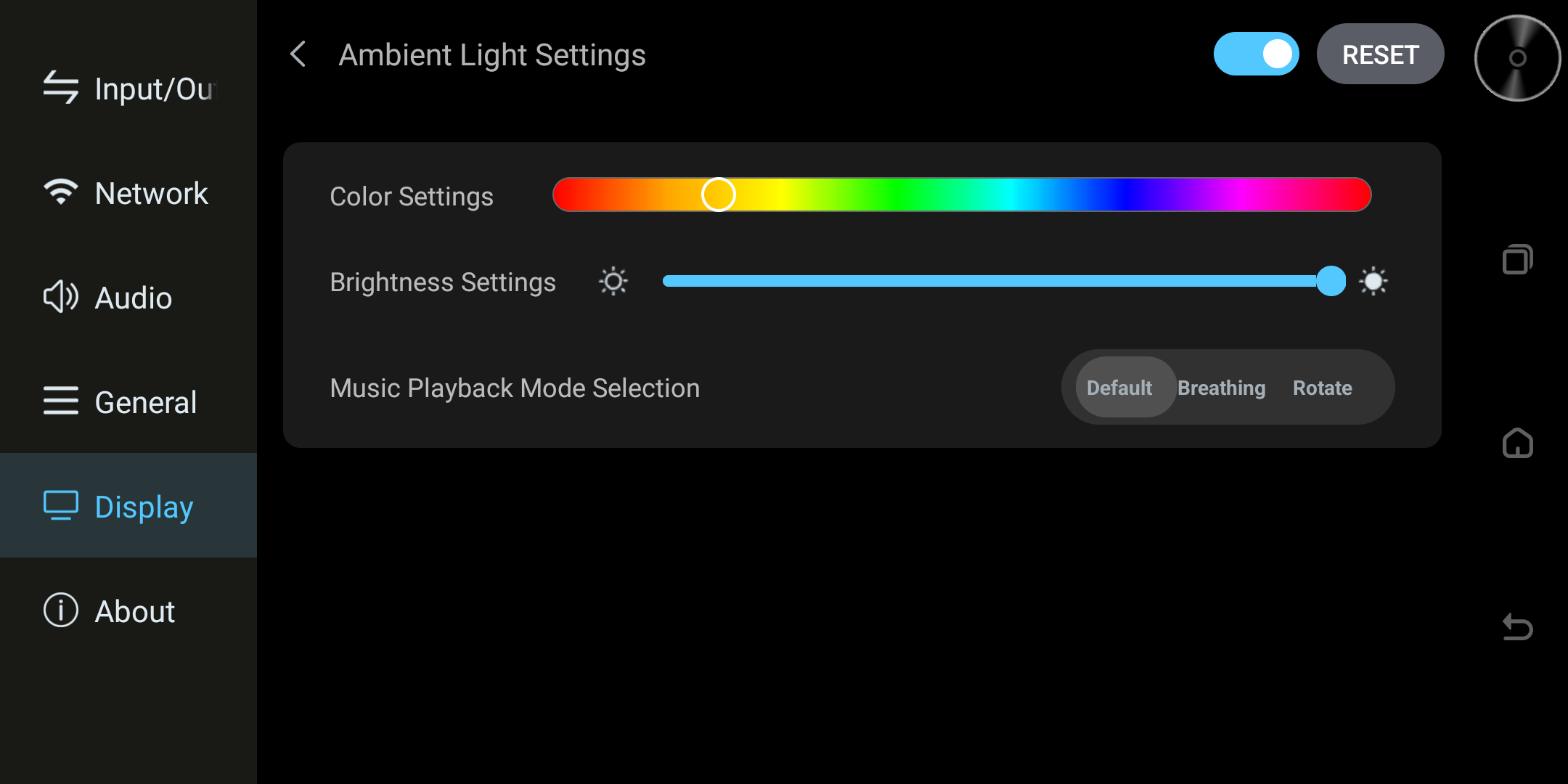 Ambient Light Settings screen for the control-knob light.