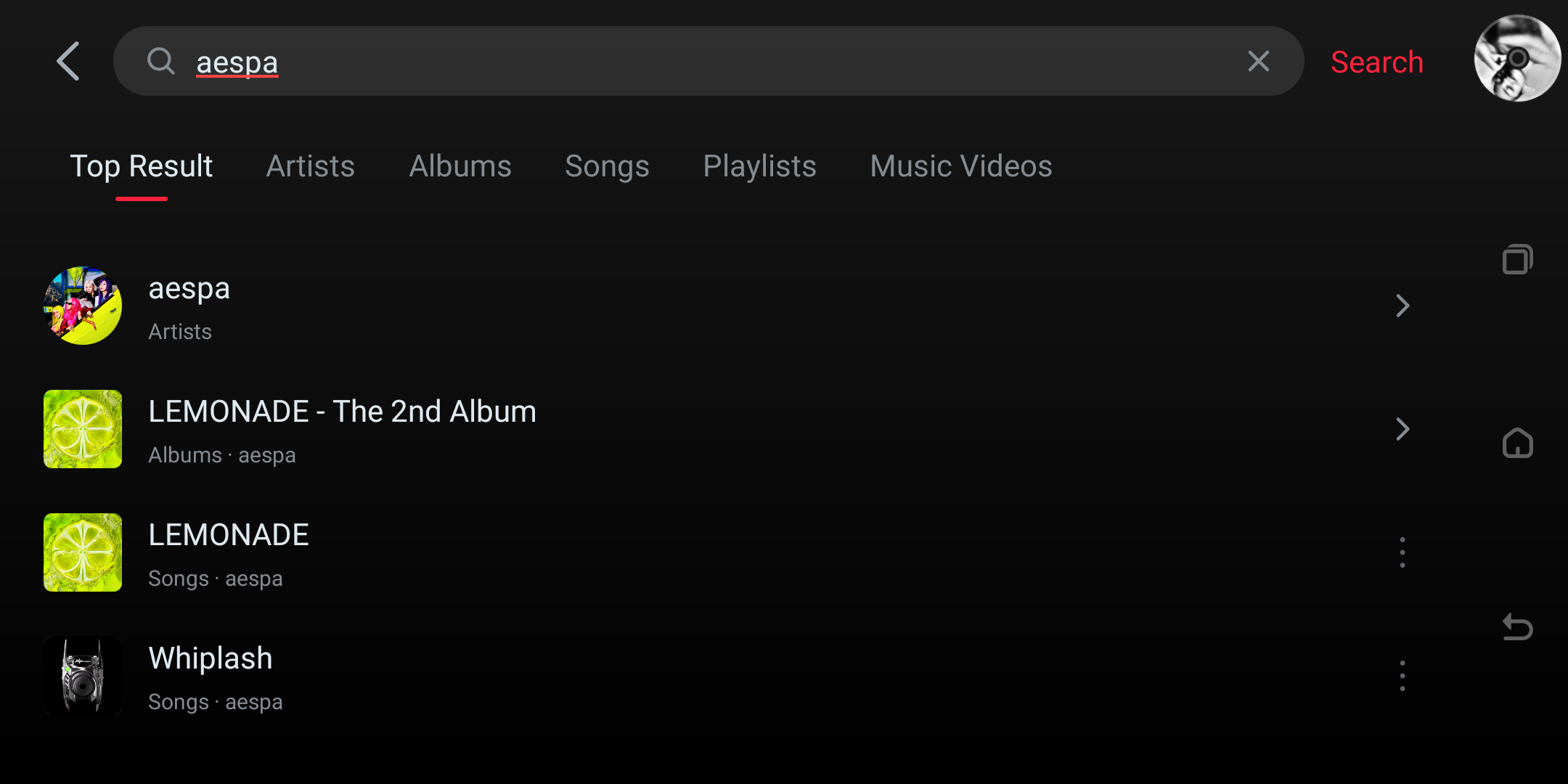 Apple Music search results on the player.