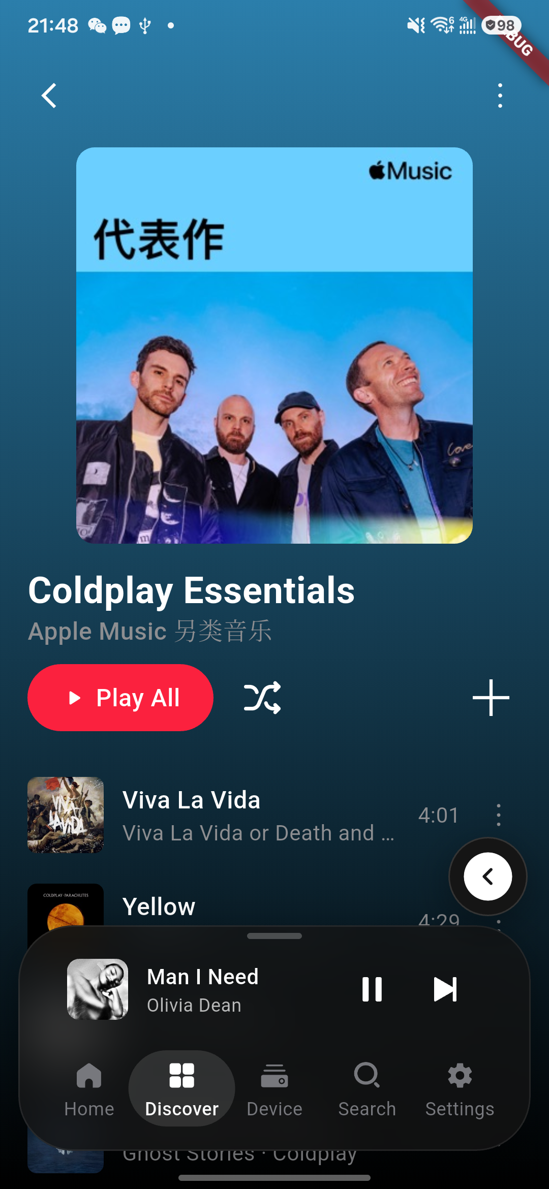 Apple Music playlist-detail page with track list.