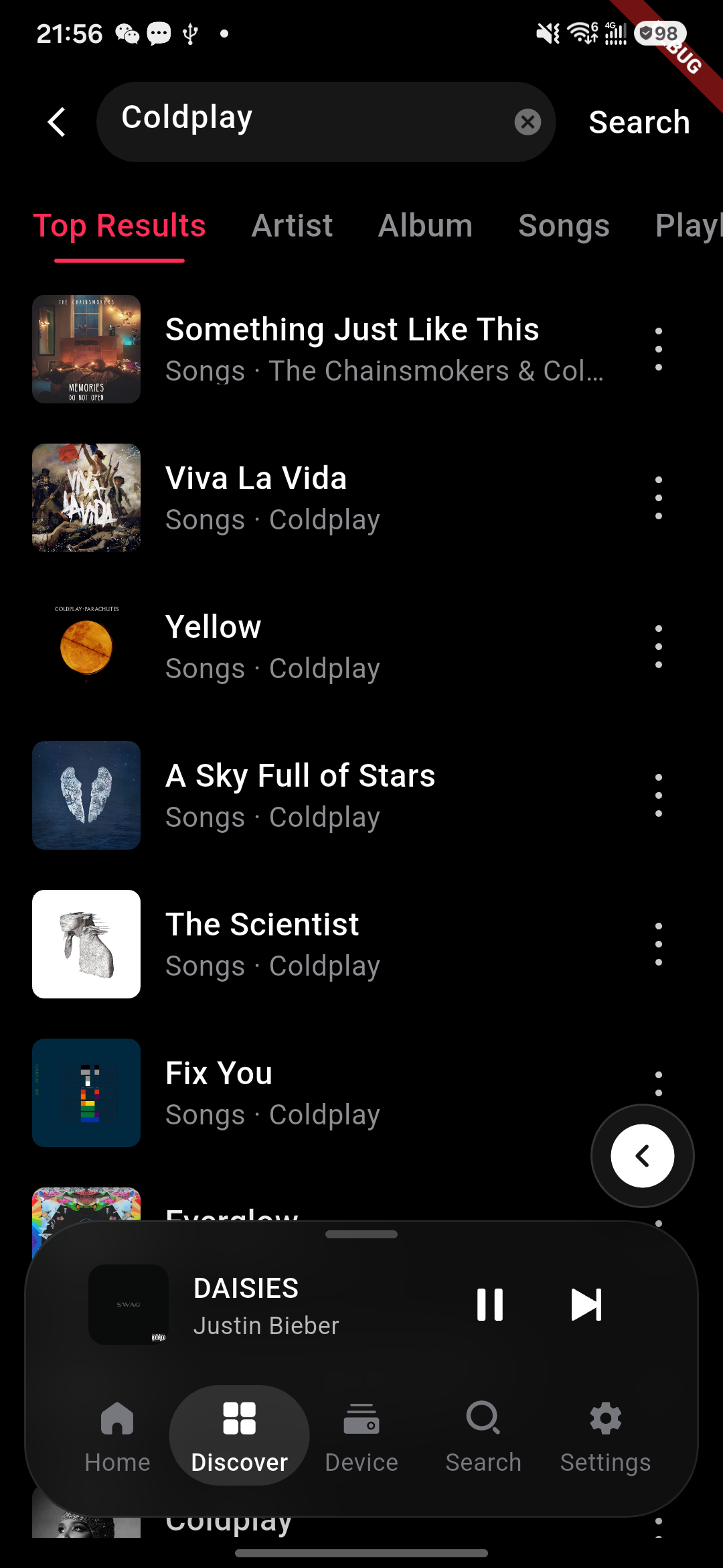 Apple Music top search-results page.