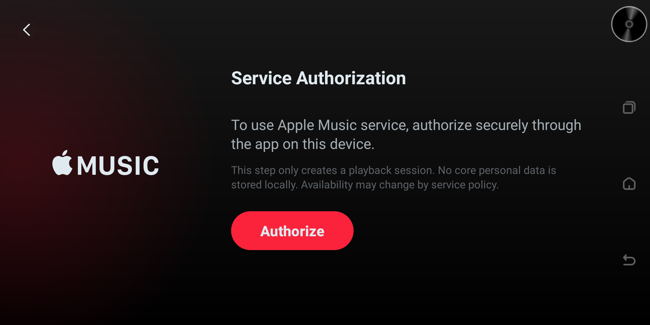 Apple Music service-authorization screen.