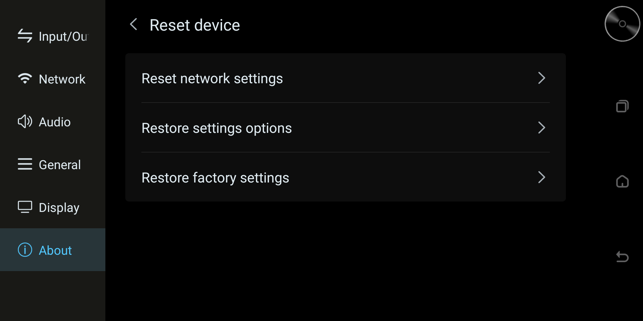 Factory-reset settings screen.