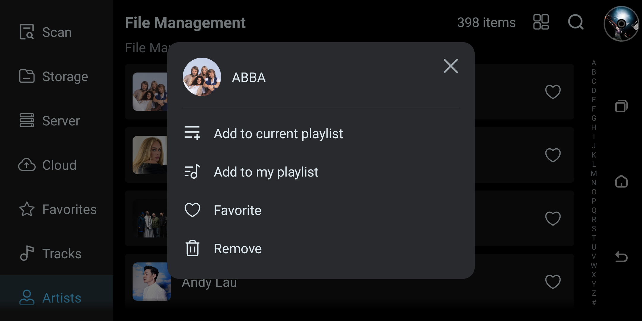 Artist action menu with playlist, favorite, and remove commands.