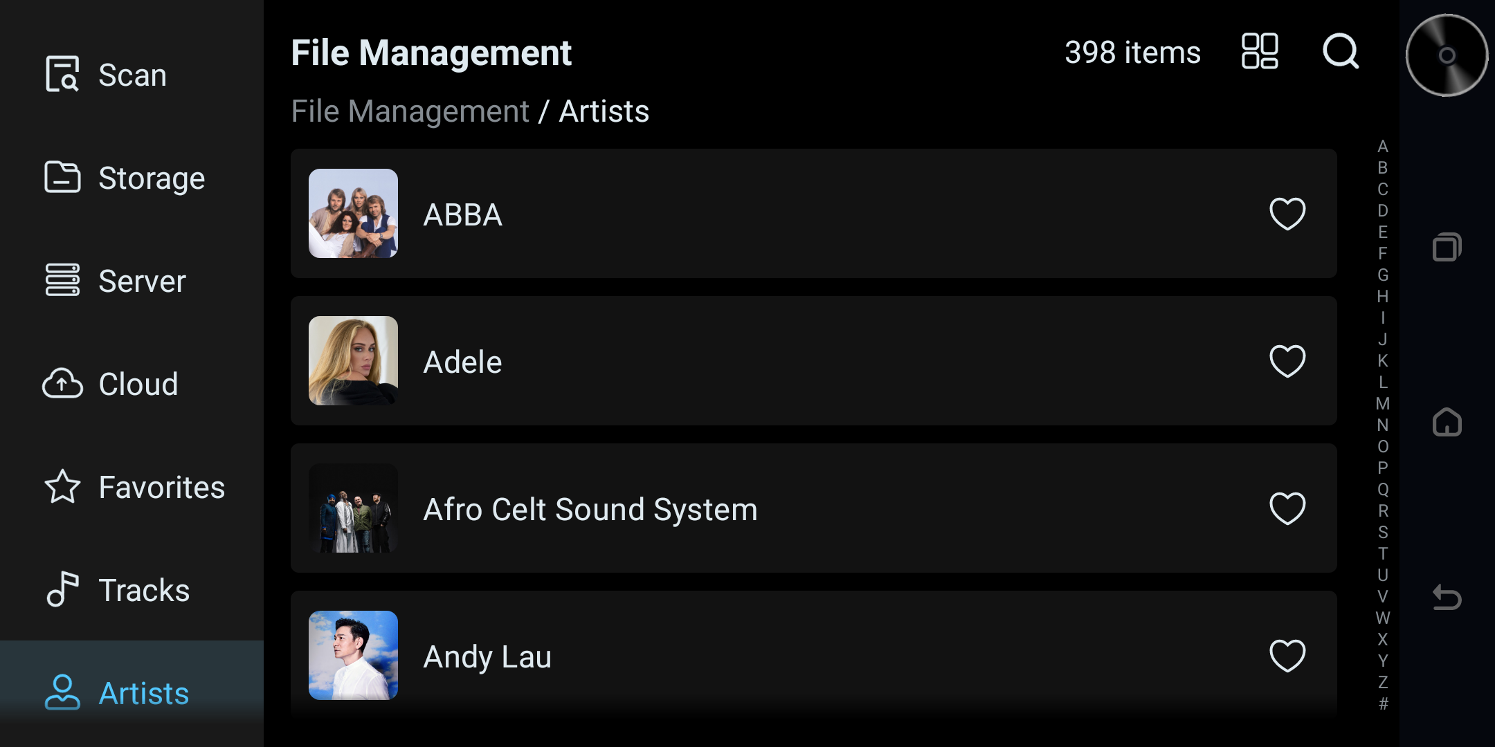 Music Library Artists list in the File app.