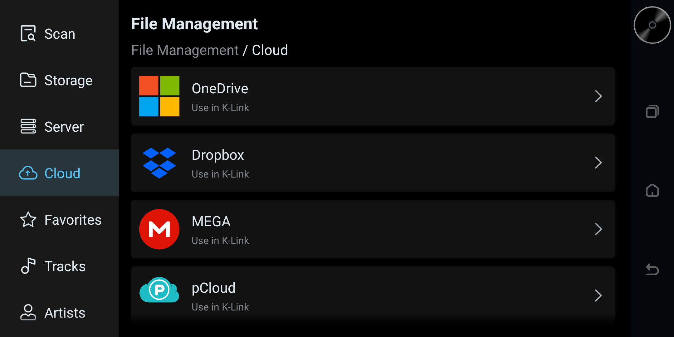 File app Cloud page listing providers that open in K-Link.