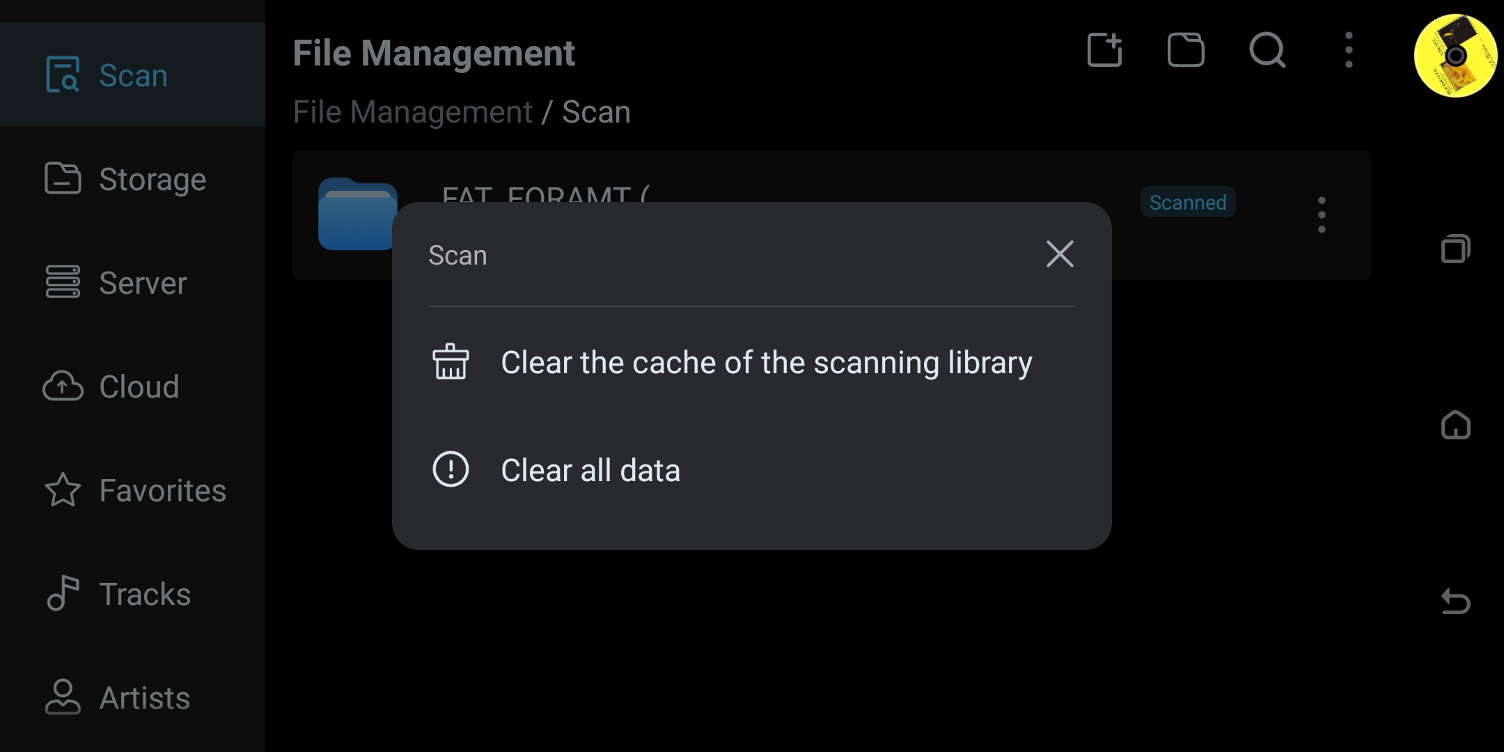 File app Scan page with Clear cache and Clear all data menu.
