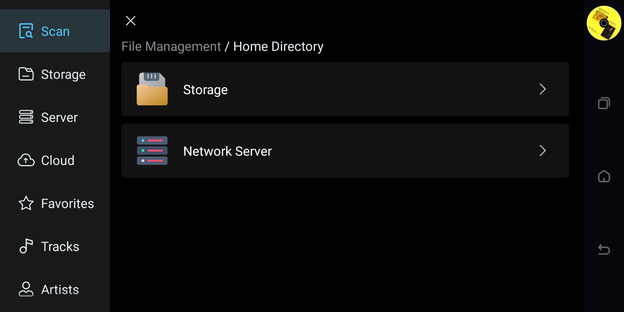 File app Scan page showing Storage and Network Server source options.