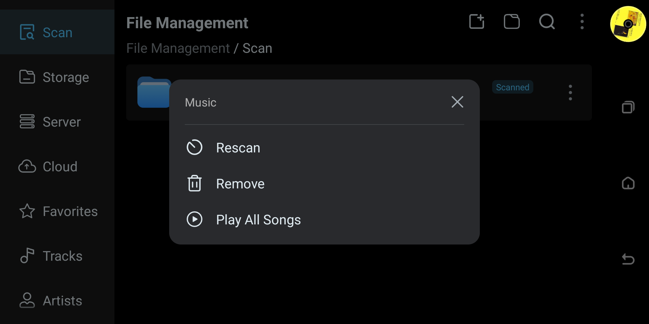 Context menu for a configured scan source in the File app.