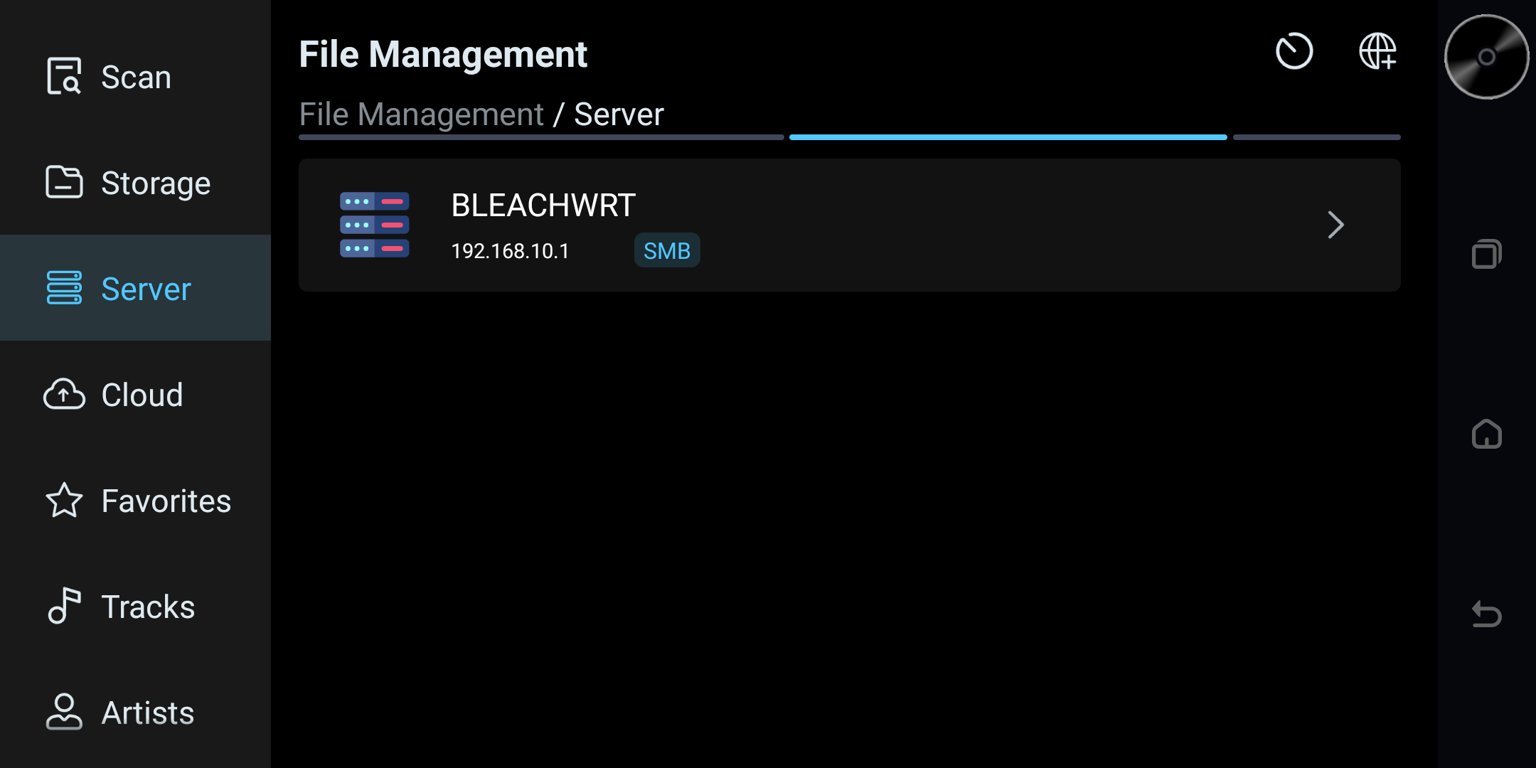File Server page showing discovered network servers.