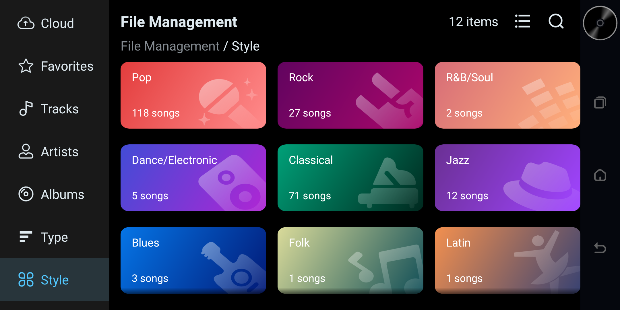Music Library style categories view.