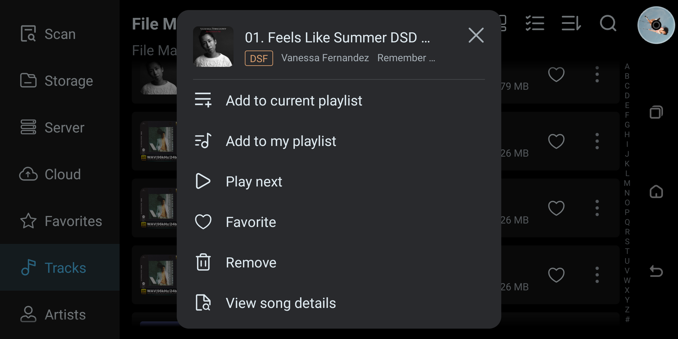 Track action menu with playlist, queue, favorite, remove, and details commands.