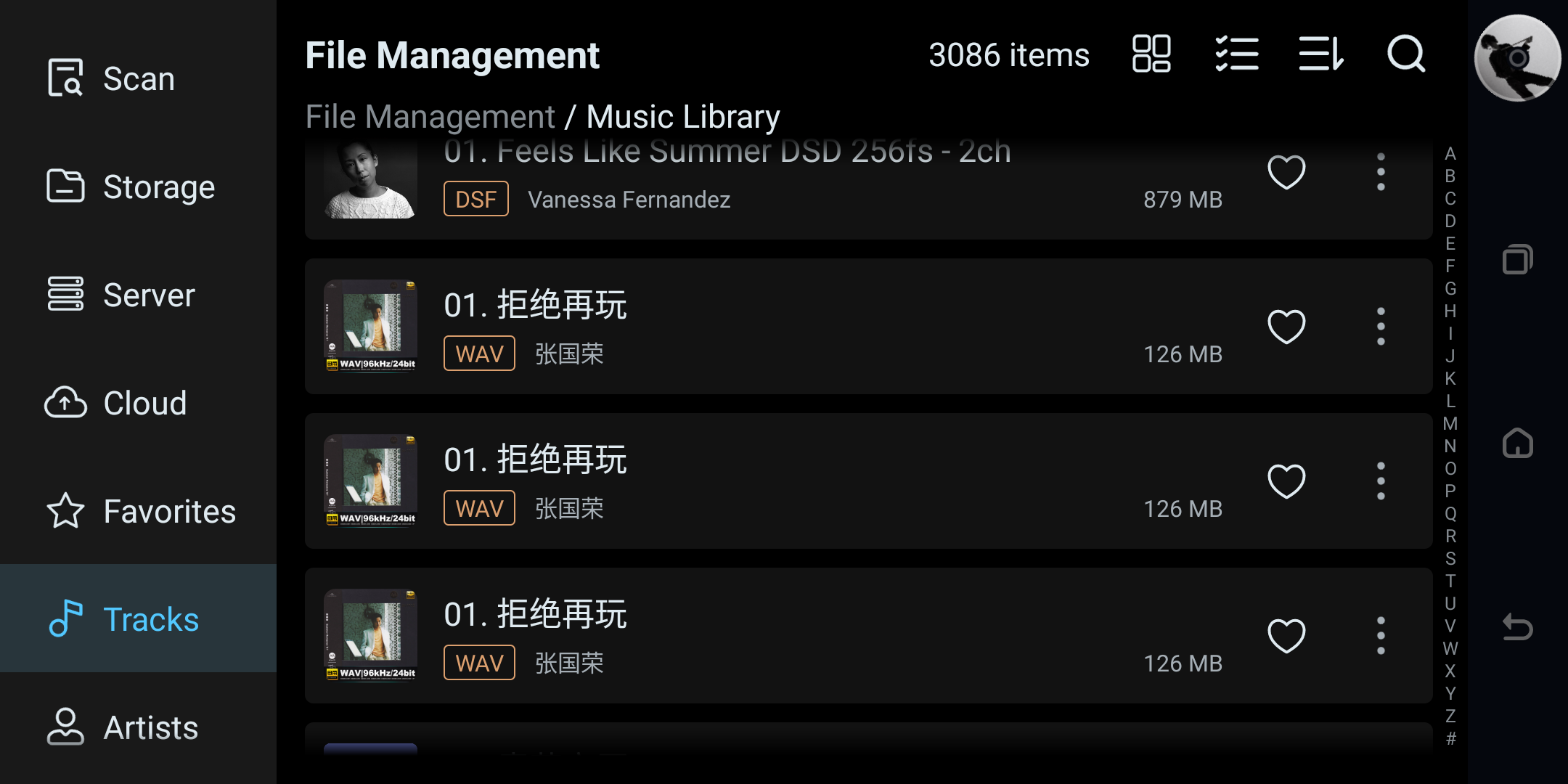 Music Library Tracks list showing track metadata.