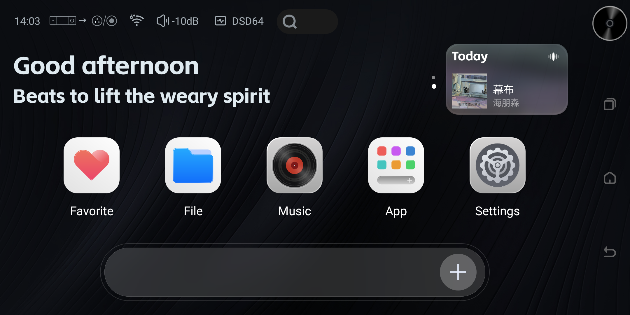 DMP home screen showing the global music-control entry.