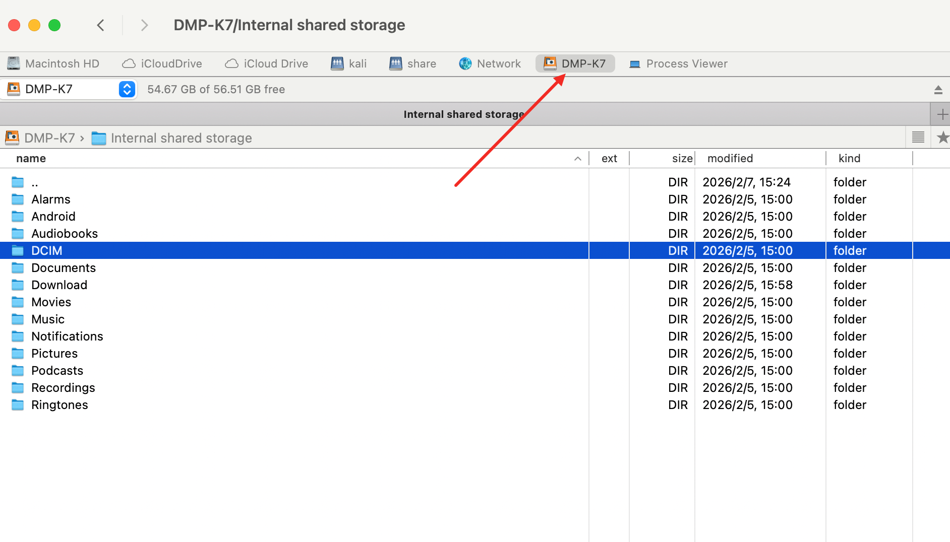 macOS Finder showing the player mounted as internal storage.