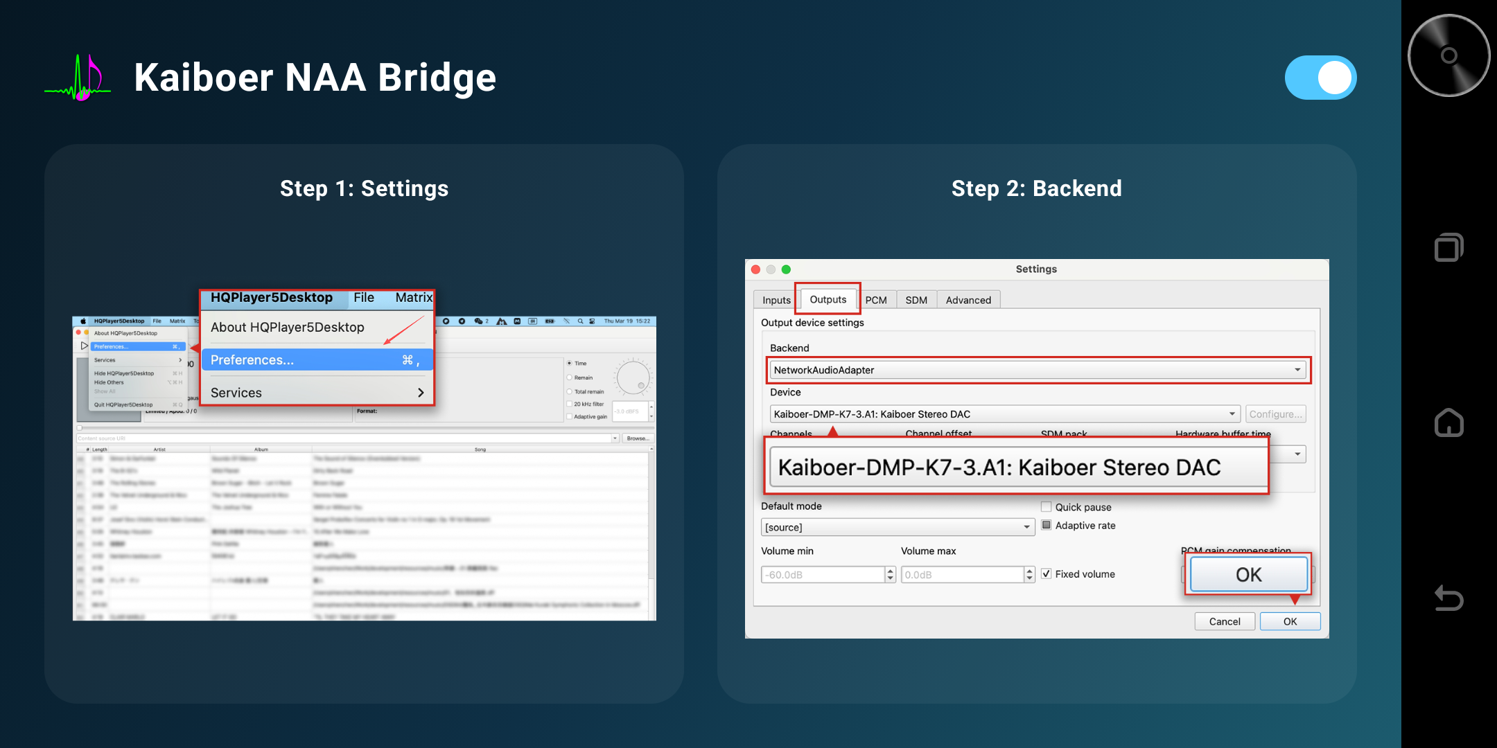 Kaiboer NAA Bridge setup graphic showing HQPlayer Preferences and the NetworkAudioAdapter backend.