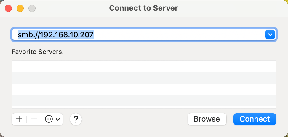macOS Finder Connect to Server dialog with an SMB address field.