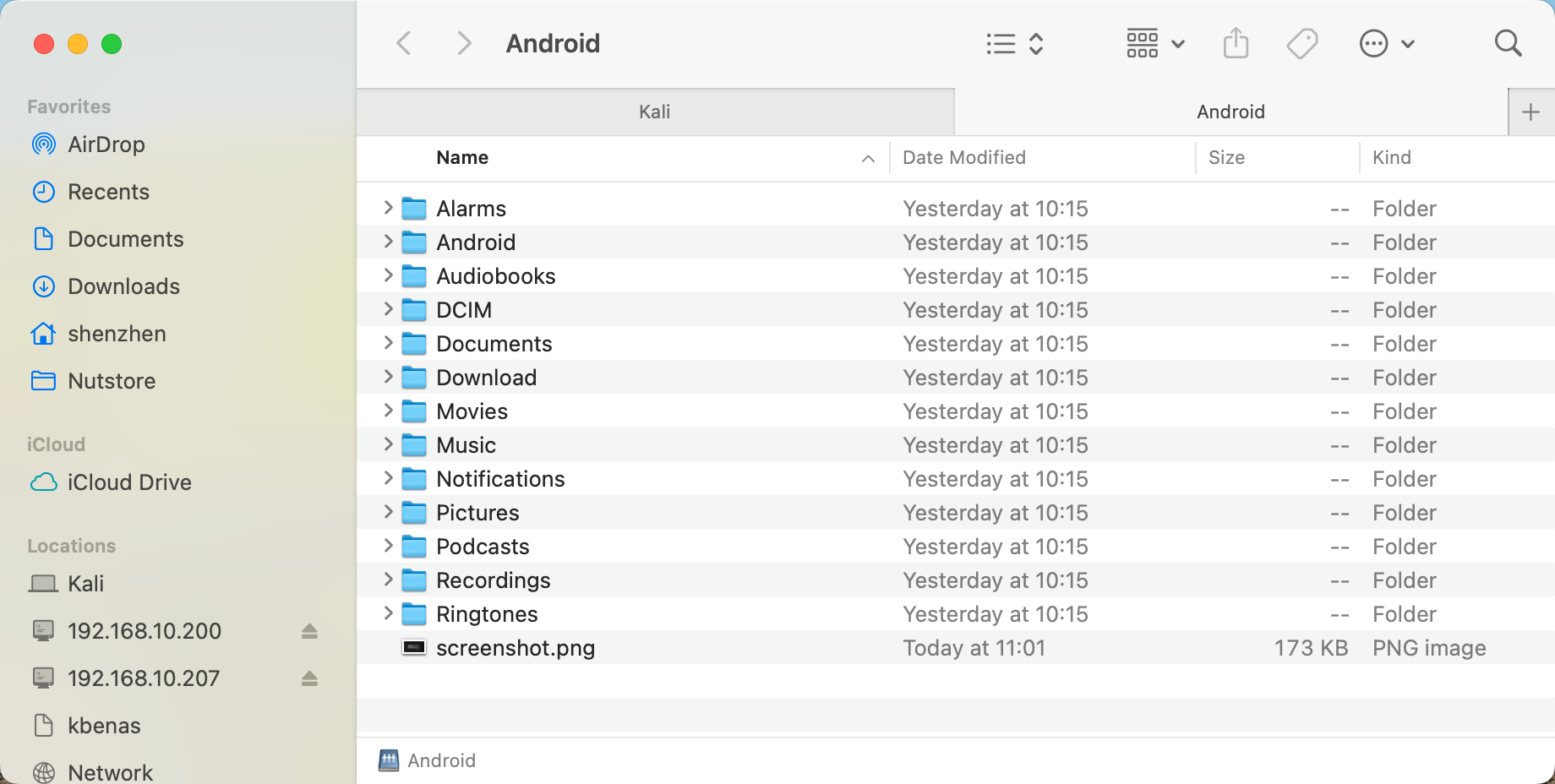 macOS Finder window showing mounted Android storage folders.