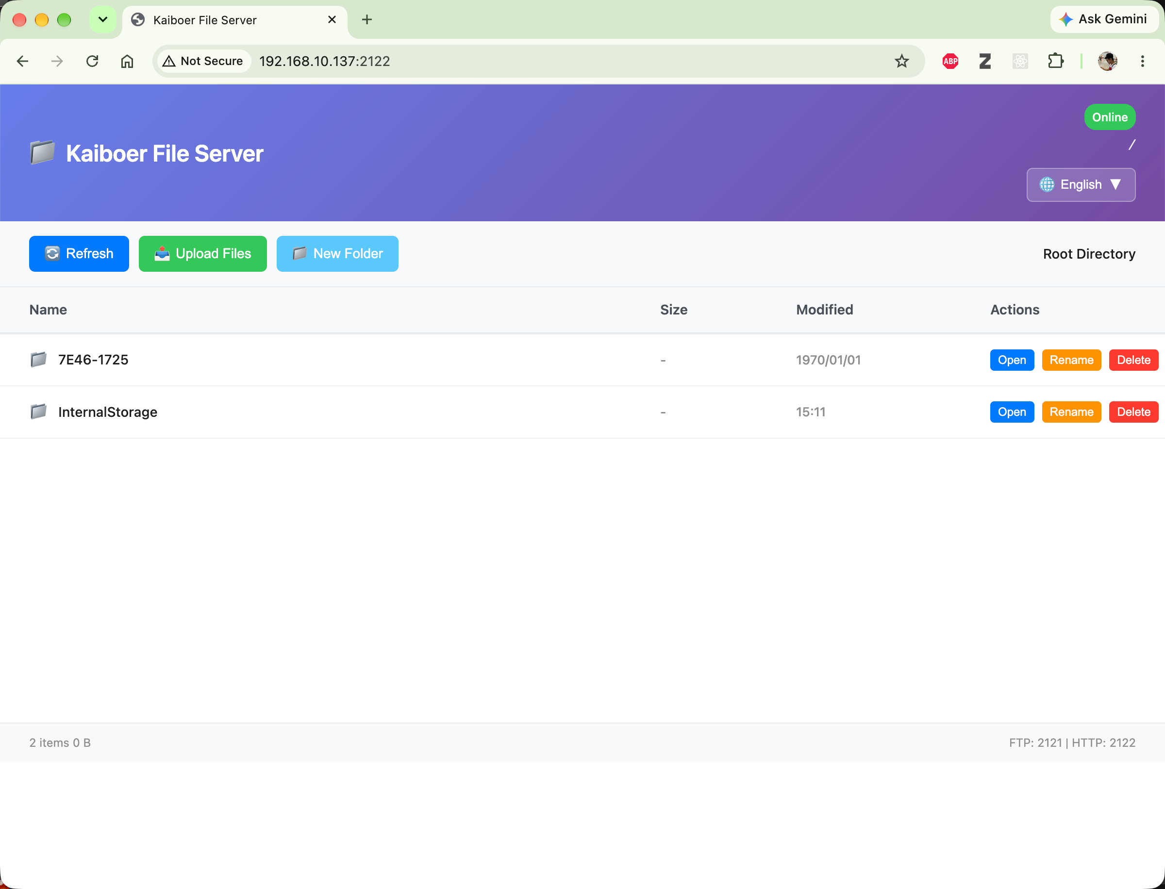 Browser-based file transfer page with Refresh, Upload Files, and New Folder controls.