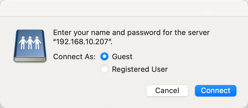 macOS server connection dialog showing Guest and Registered User choices.