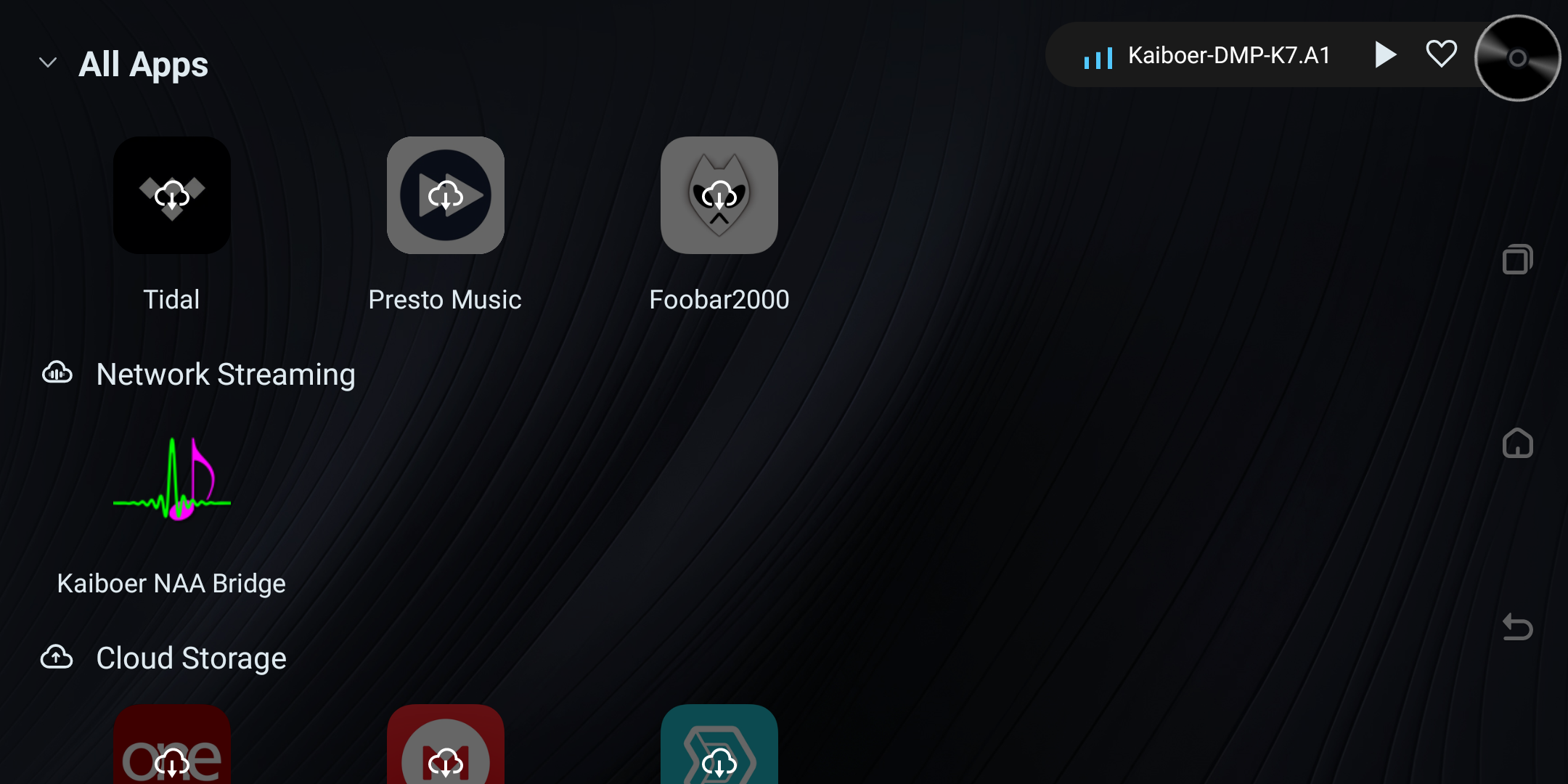 All Apps screen showing Kaiboer NAA Bridge under Network Streaming.
