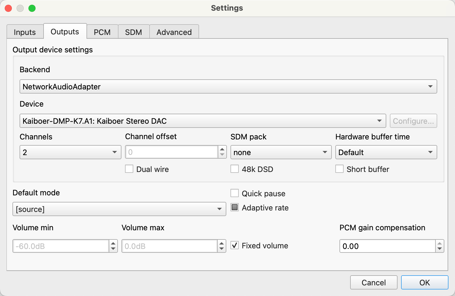 HQPlayer Output settings with NetworkAudioAdapter and a Kaiboer device selected.