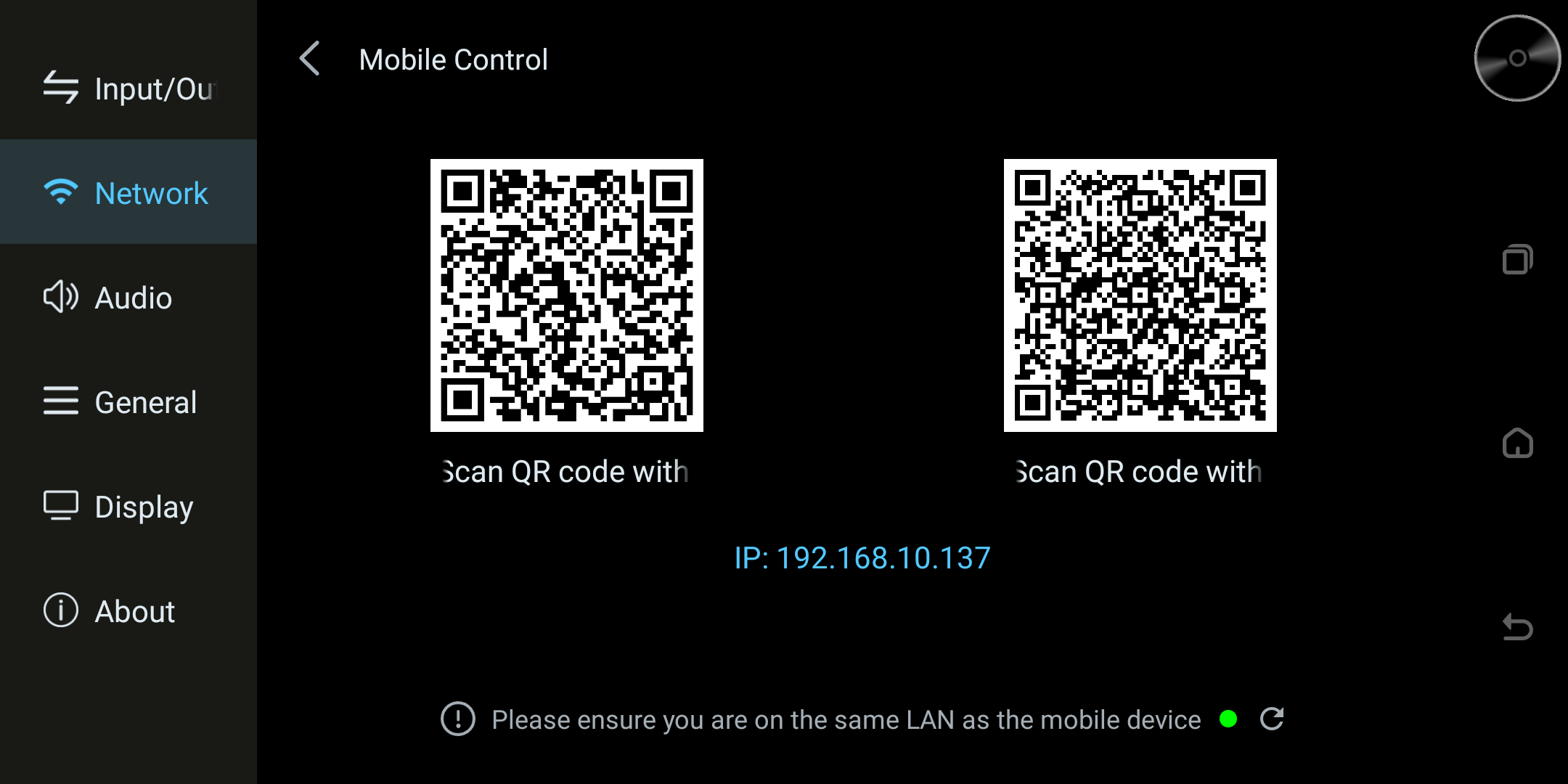 Phone Control screen with QR codes and network status.