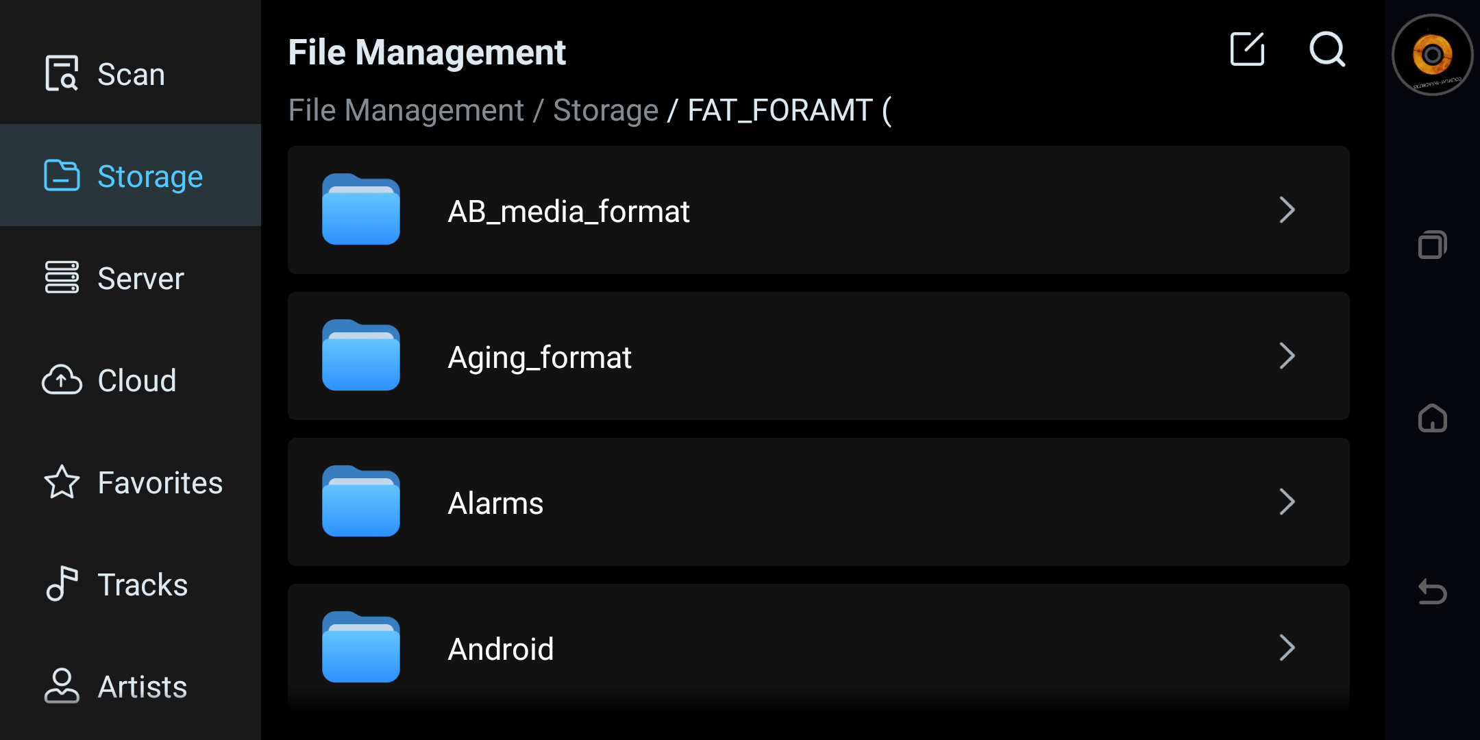 USB music folder browser in Music Player.