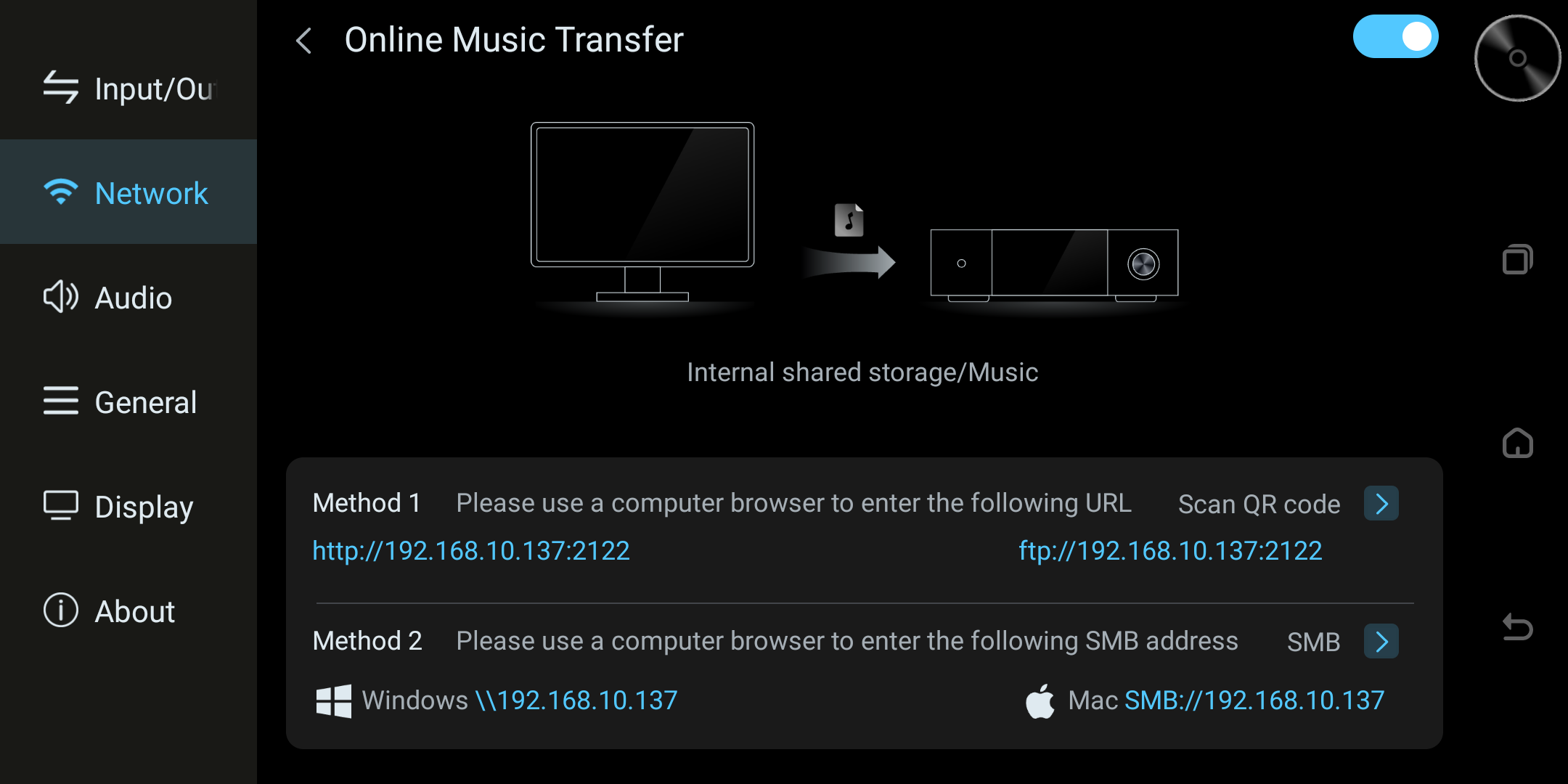 Online Music Transfer settings showing FTP and SMB connection addresses.