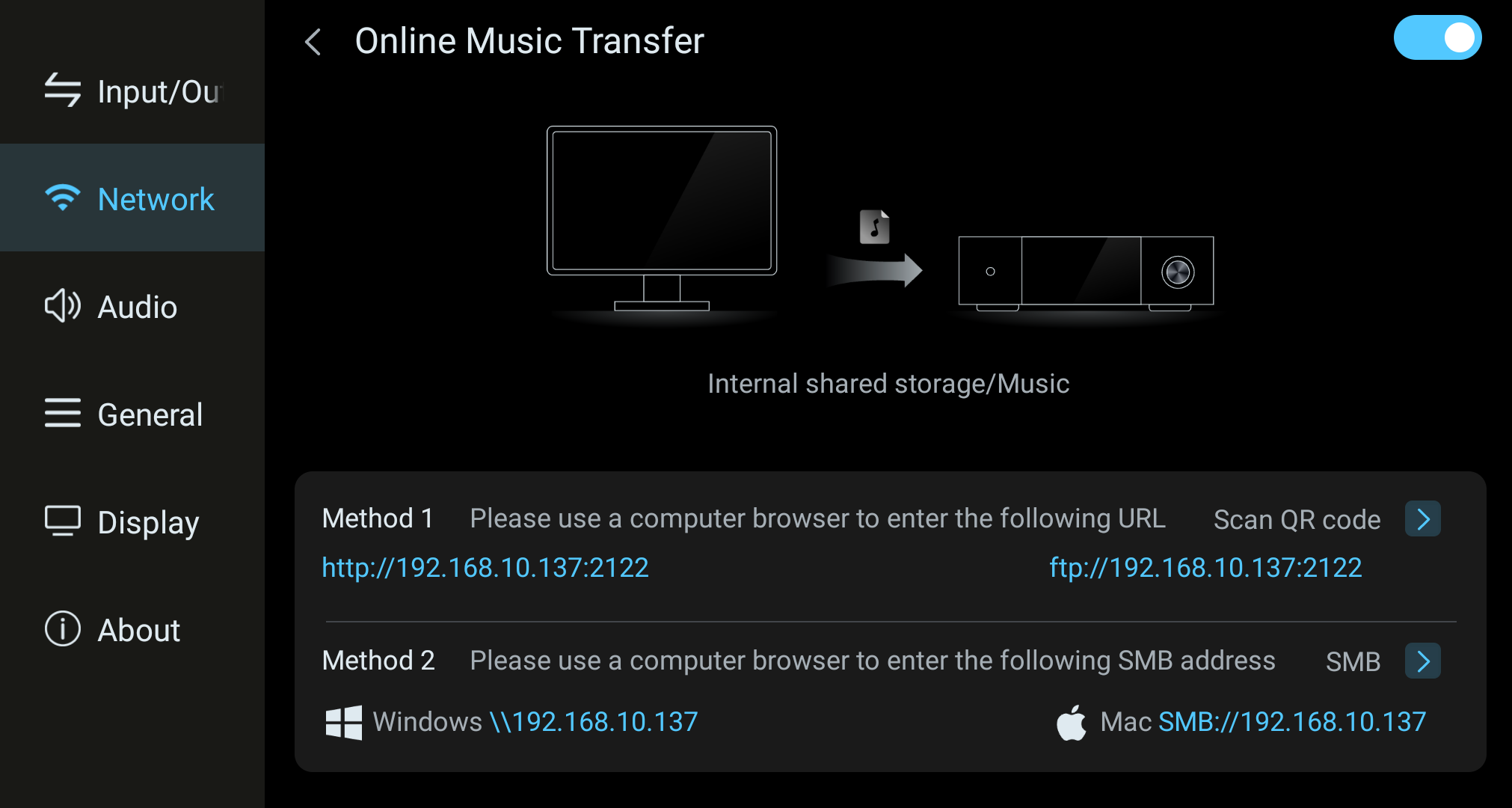 Online Music Transfer screen with browser and SMB transfer addresses.