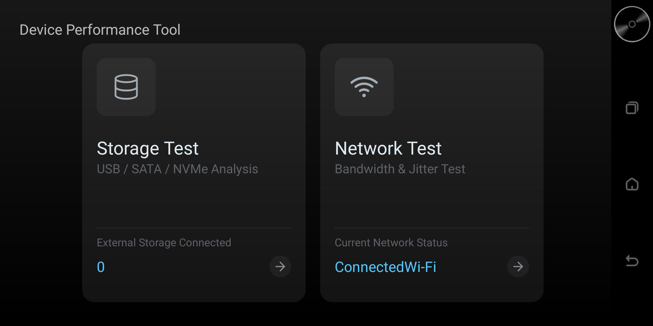 Device Performance Tool home screen showing Storage Test and Network Test.