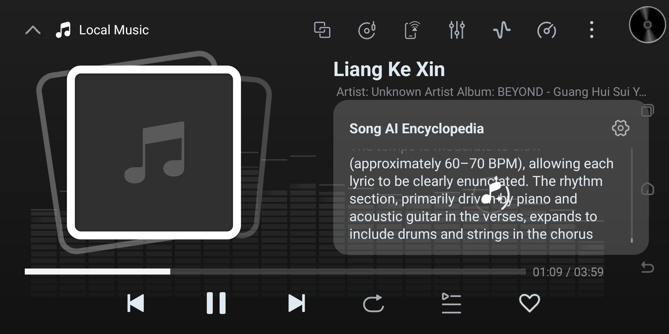 Music player screen opened from a home-screen gesture.
