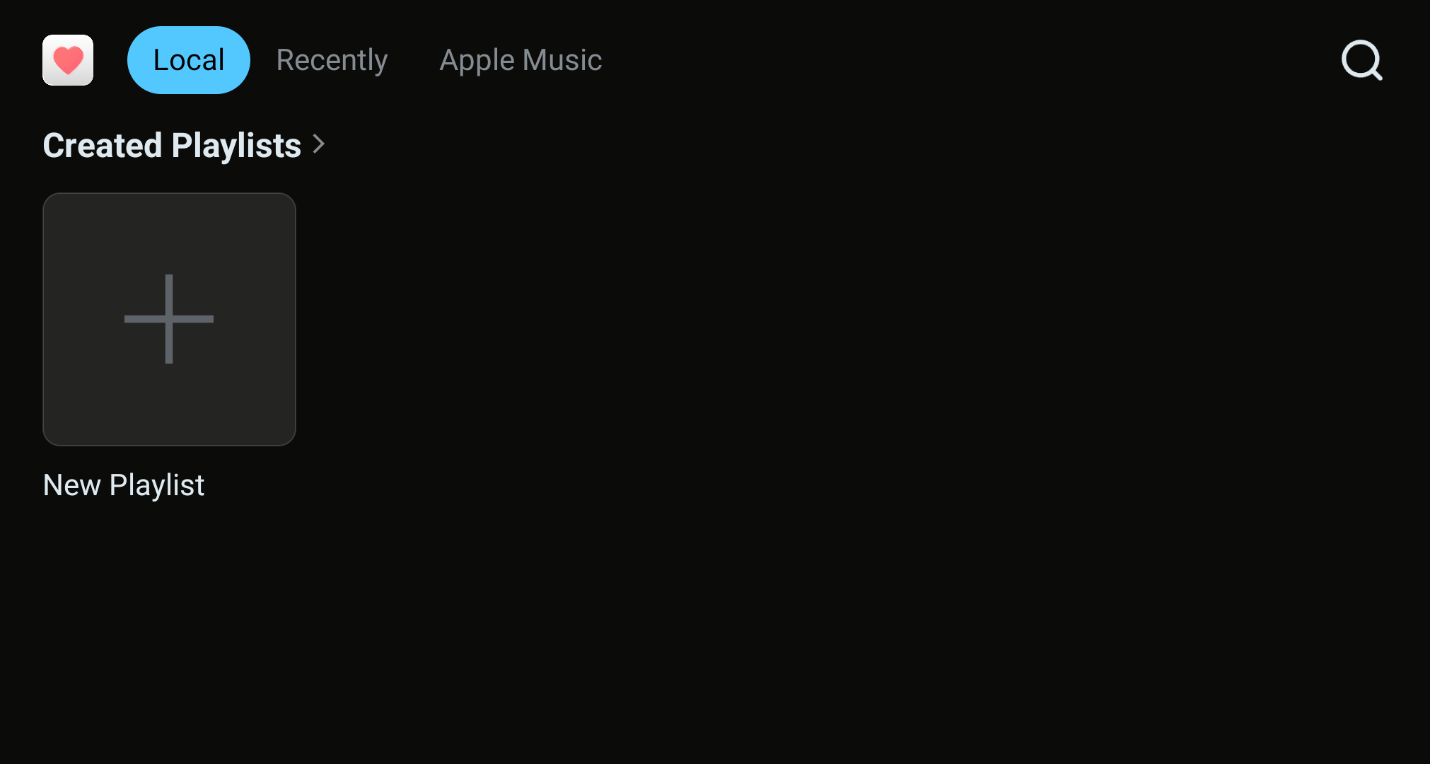 Collection app Local tab with Created Playlists and New Playlist.