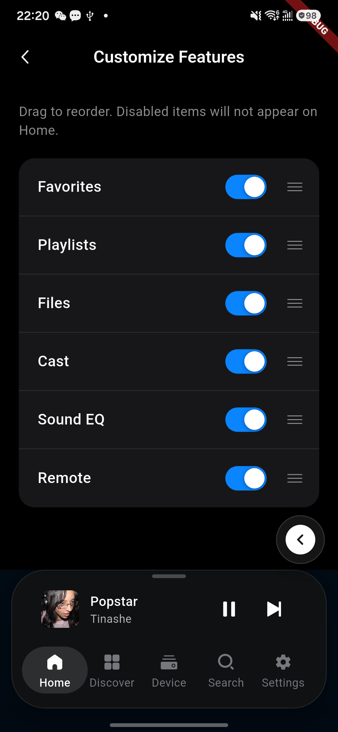 Home-feature customization screen.