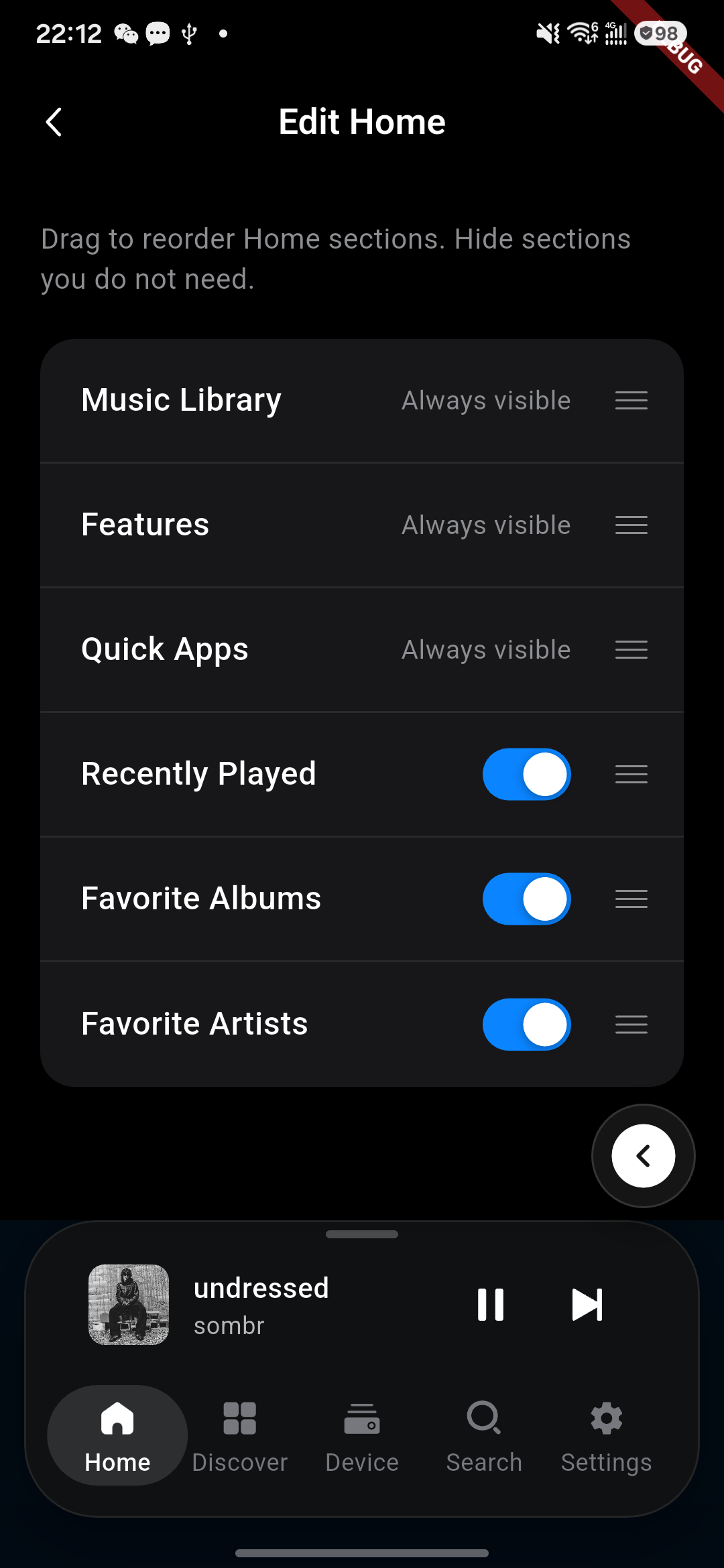 Home-page editing screen for rearranging modules.