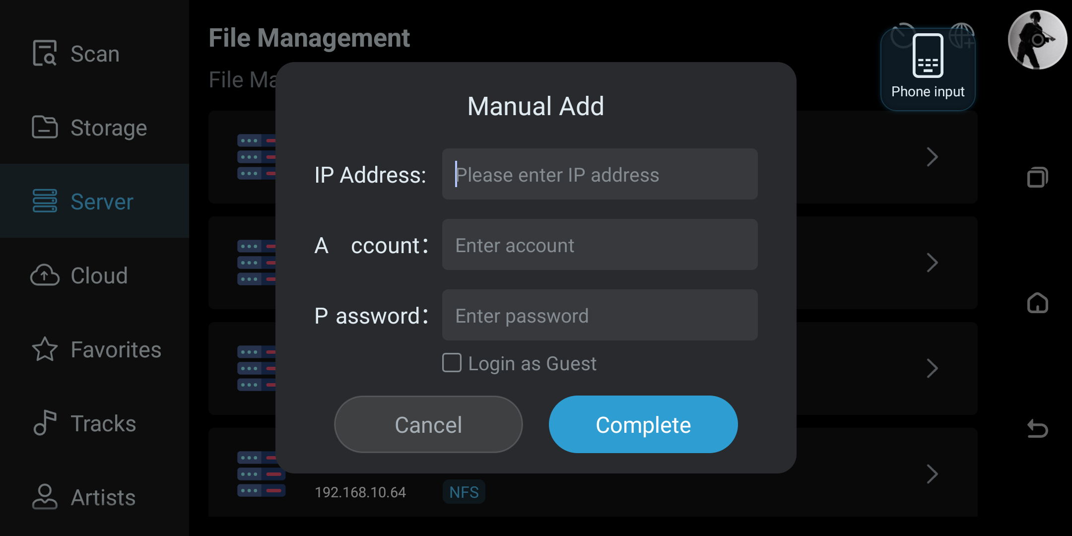 Network server sign-in form with Guest and Registered User options.