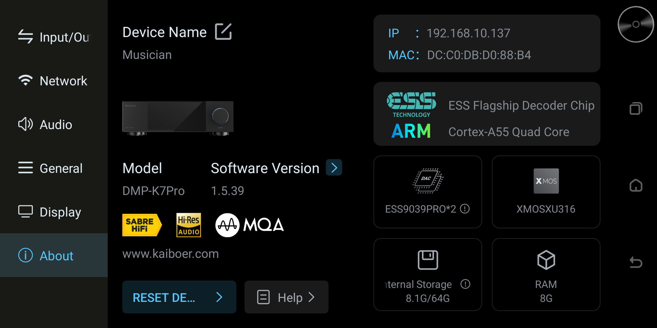 About screen showing device information and settings shortcuts.