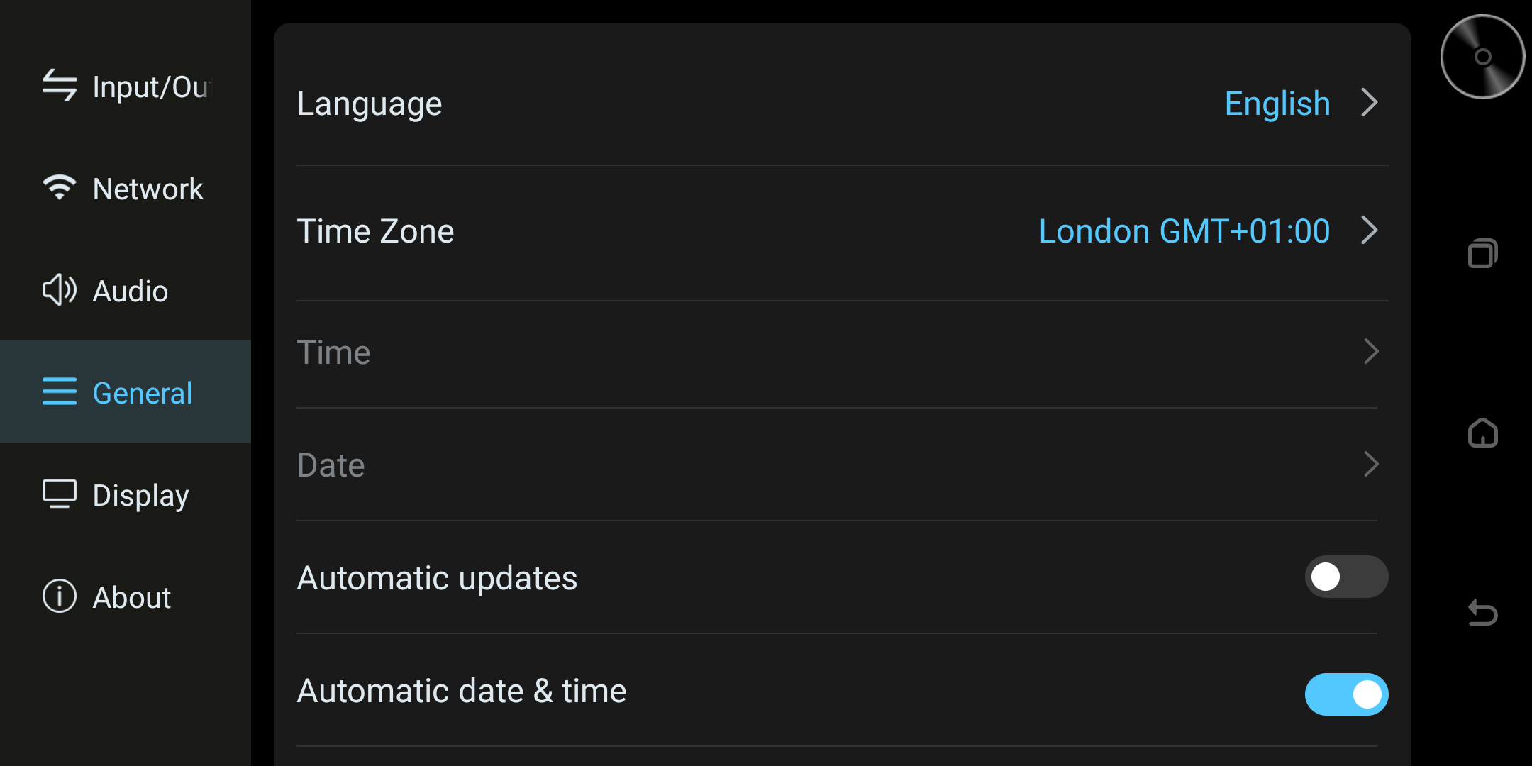 General settings screen.