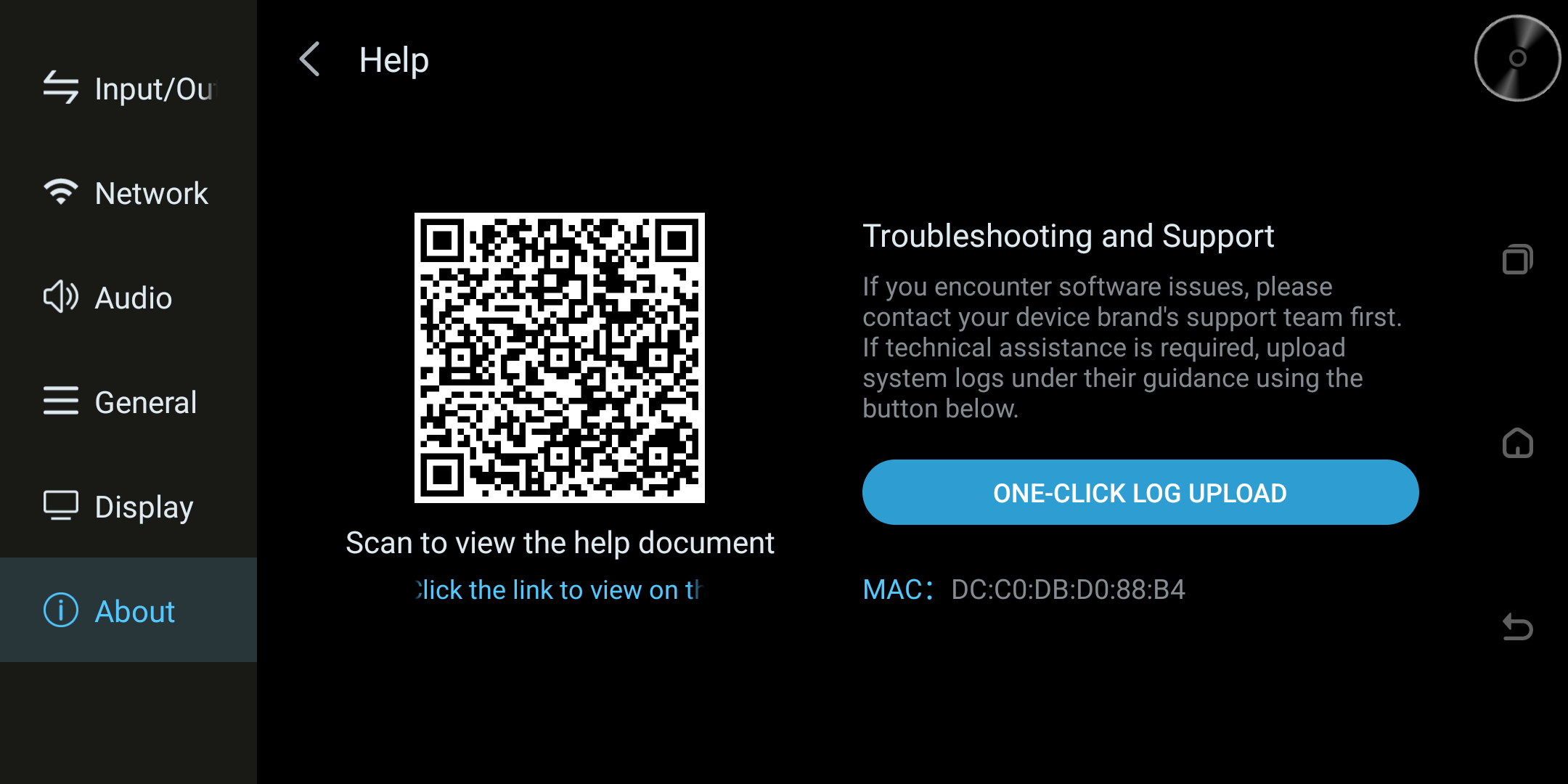 Help screen with documentation access and support options.