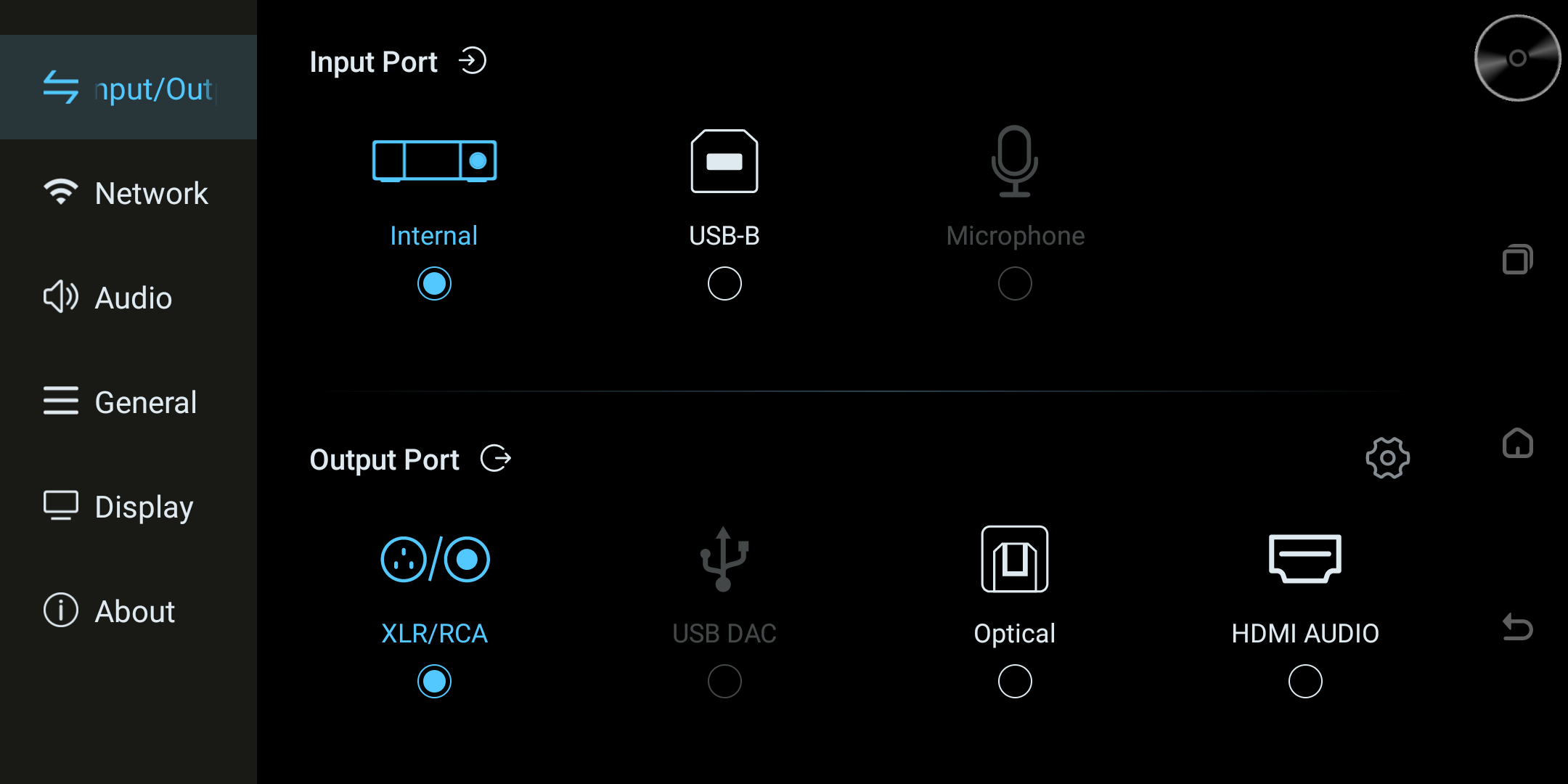Input/Output settings screen showing input and output port options.