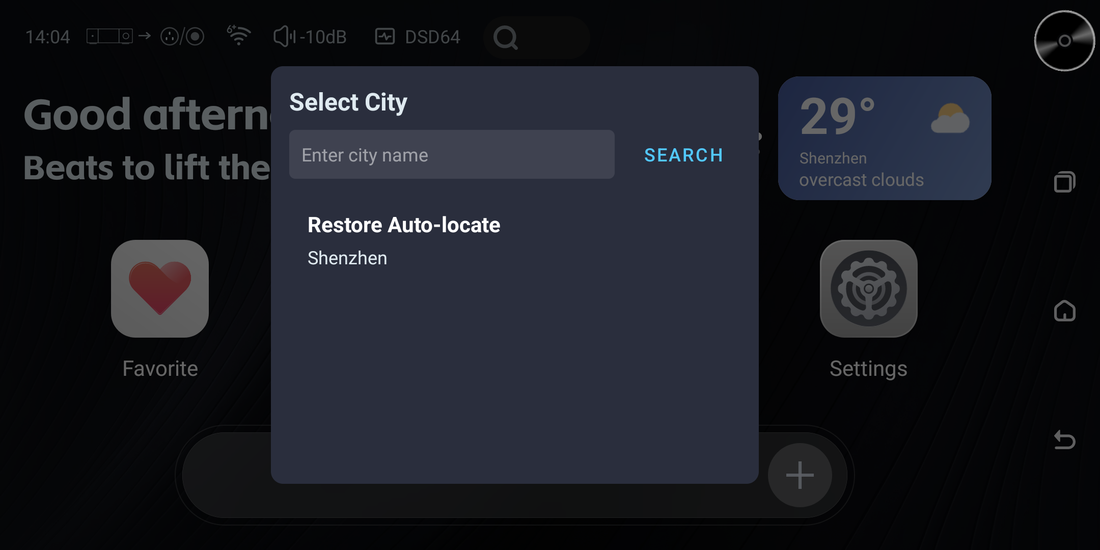 City Selection dialog opened from the Home weather widget.
