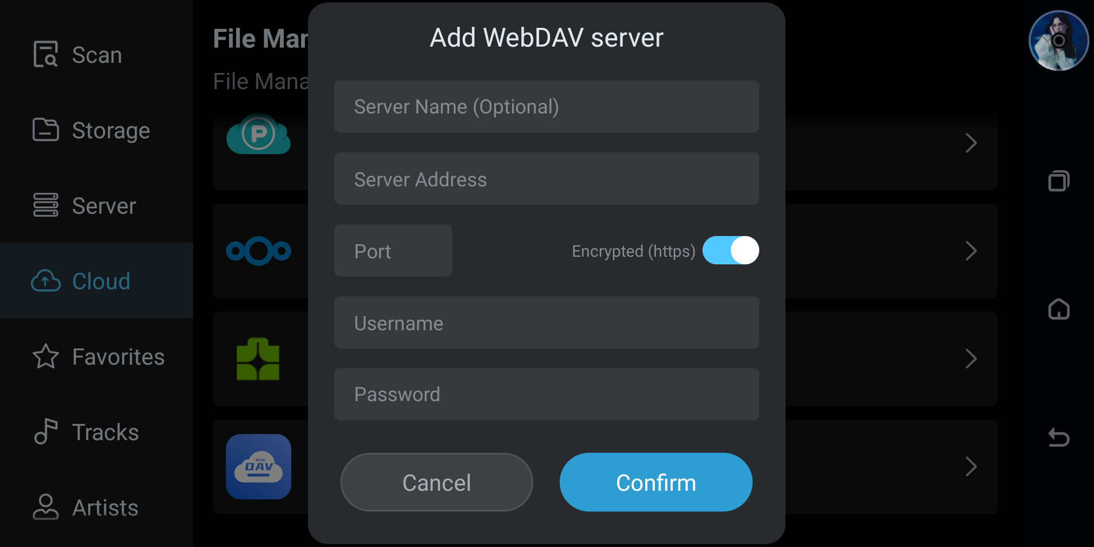 WebDAV setup form with server and account fields.